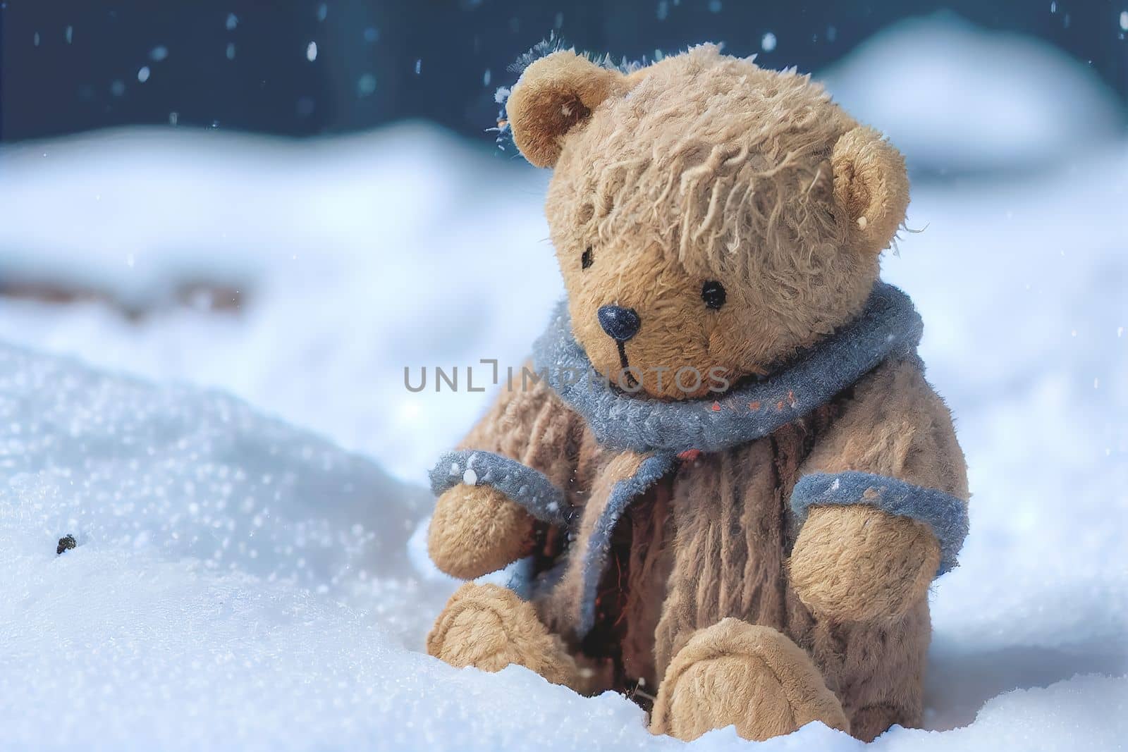 Light brown teddy bear with scarf sitting on white snow. Enjoying cold winter day. by FokasuArt