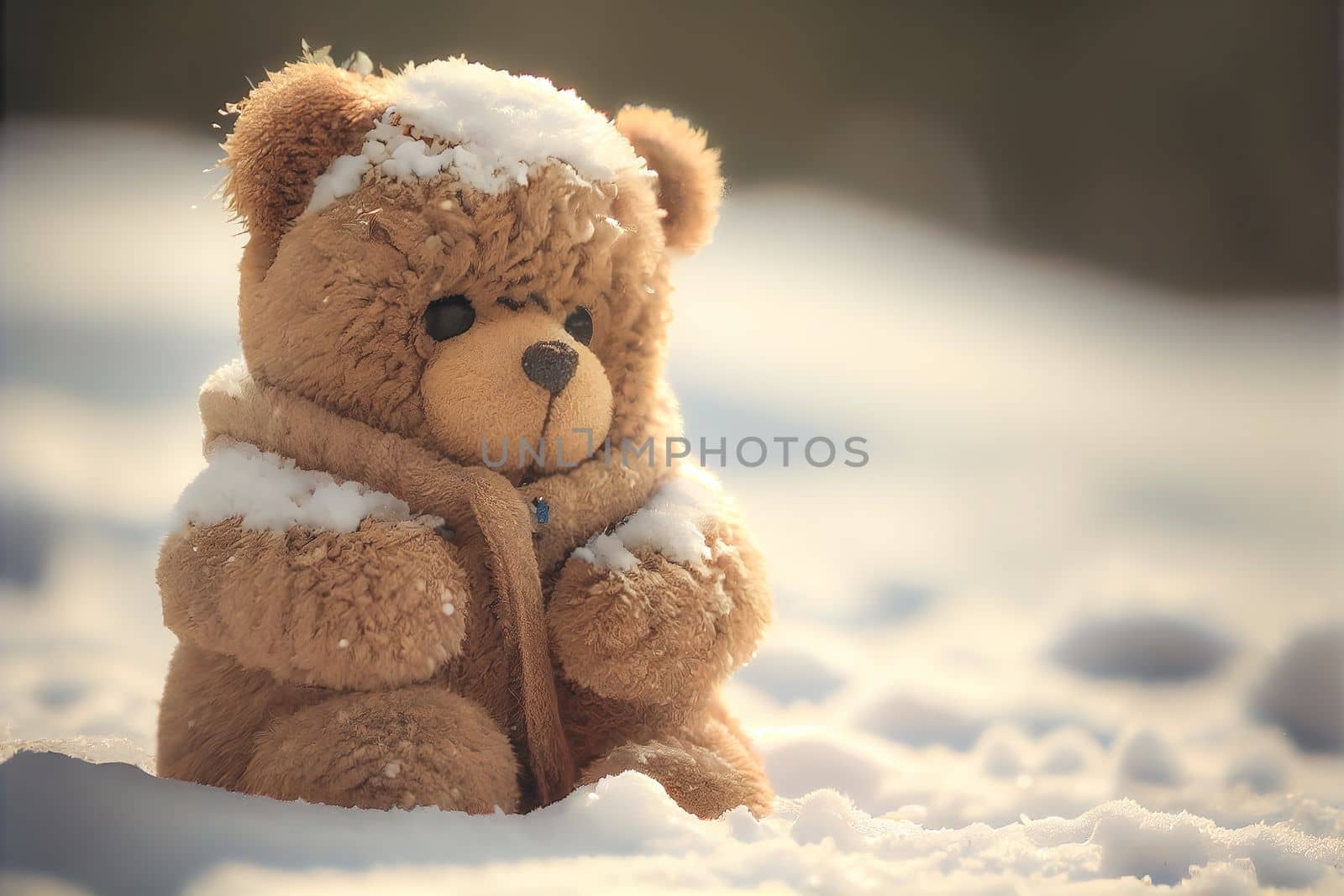 Light brown teddy bear with scarf sitting on white snow. Enjoying cold winter day. 3D illustration