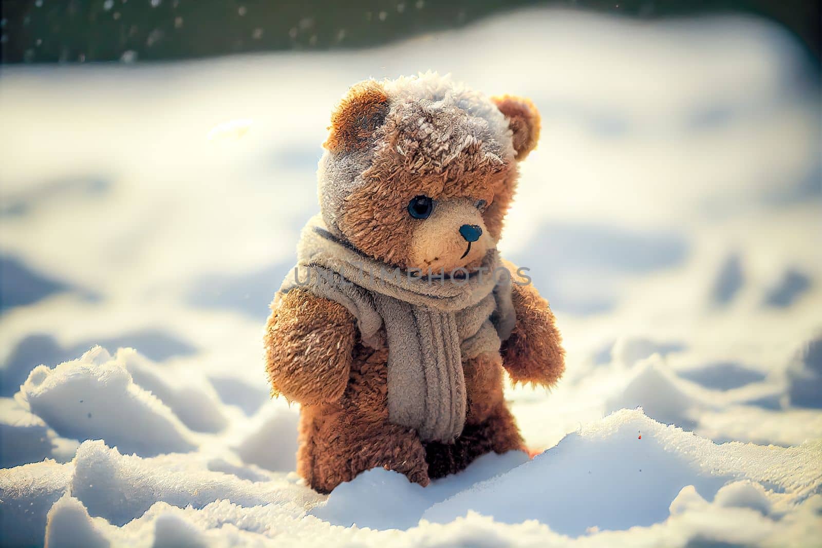 Light brown teddy bear with scarf sitting on white snow. Enjoying cold winter day. 3D illustration