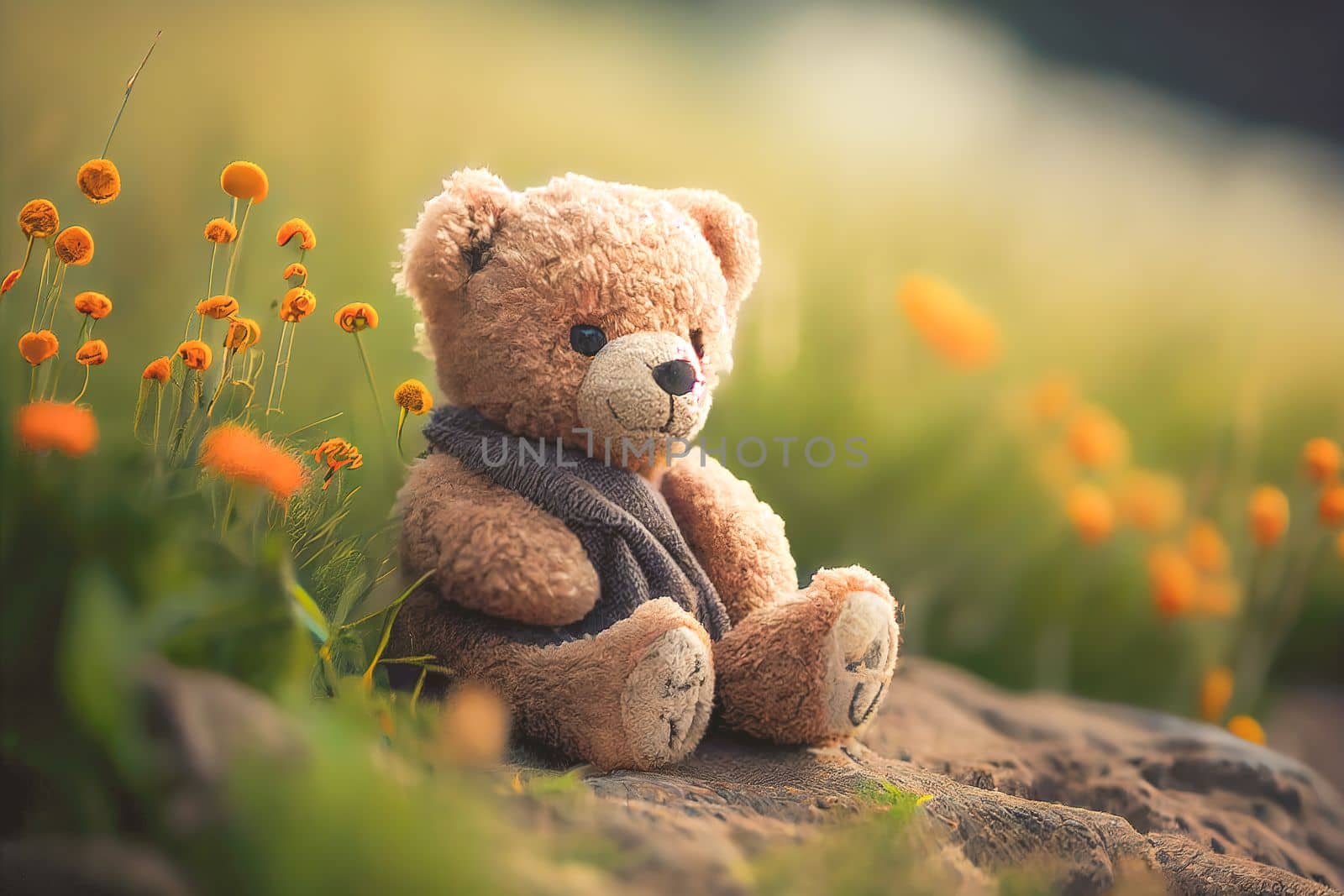 Small brown teddy bear sitting among a colorful flower garden. by FokasuArt