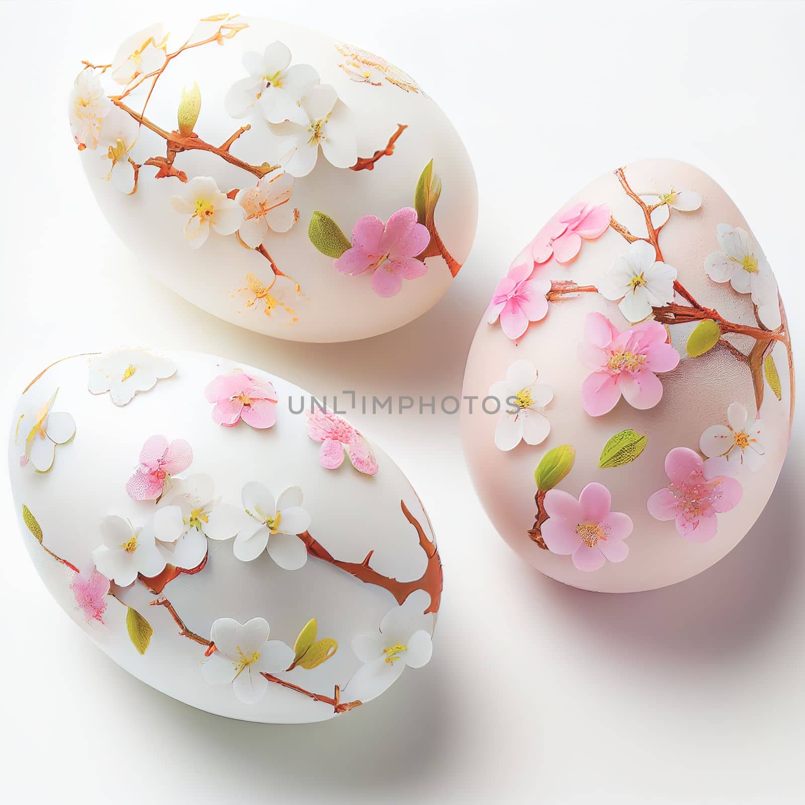 Colorful Easter eggs with cherry blossoms on white background. Design for Easter day. by FokasuArt