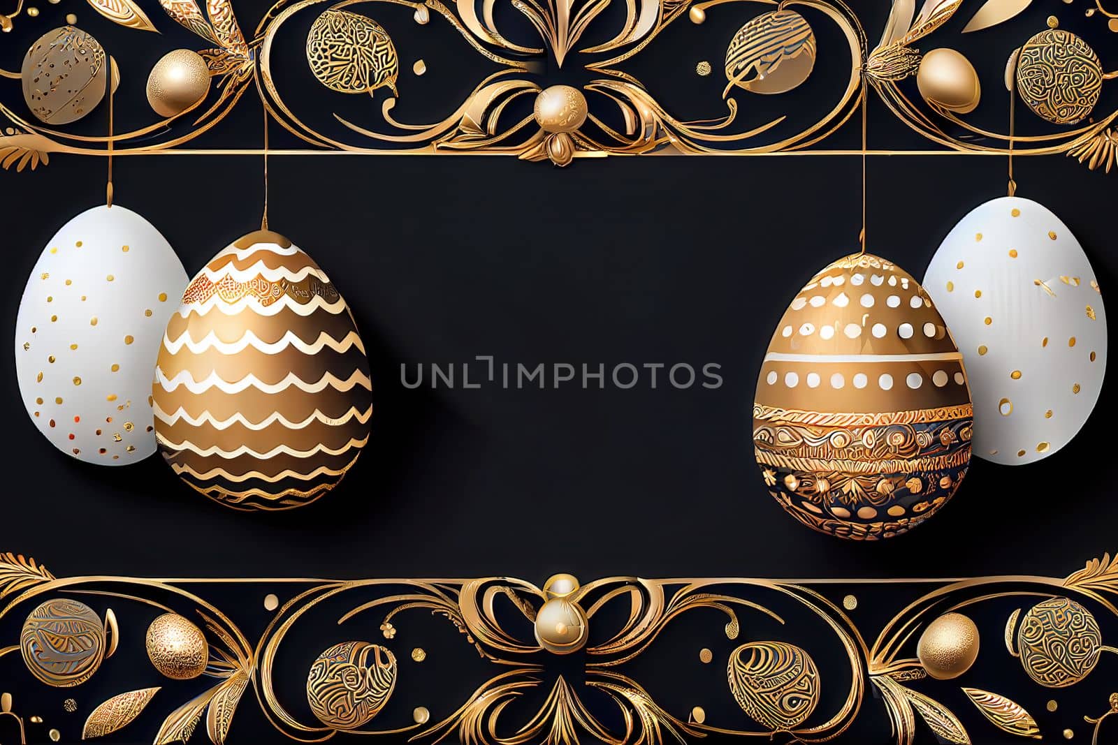 3D render of Easter egg sale banner gold eggs hanging on a thread with copy space. by FokasuArt