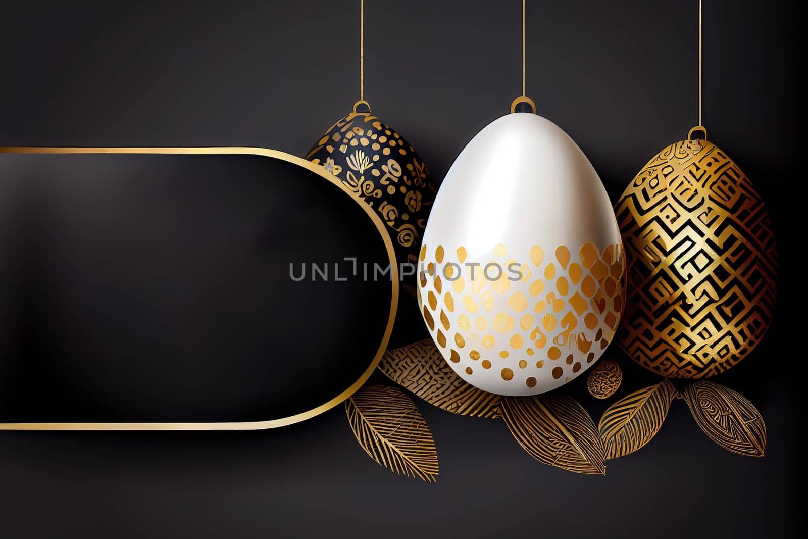3D render of Easter egg sale banner with gold and white realistic eggs hanging on a thread, golden ornate designs on a black modern background with place for text.