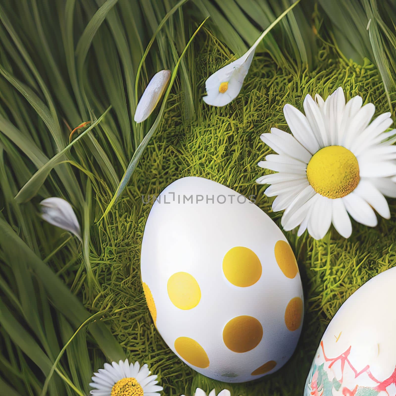 Colorful Easter eggs among daisies in green grass field with copy space. 3D illustration