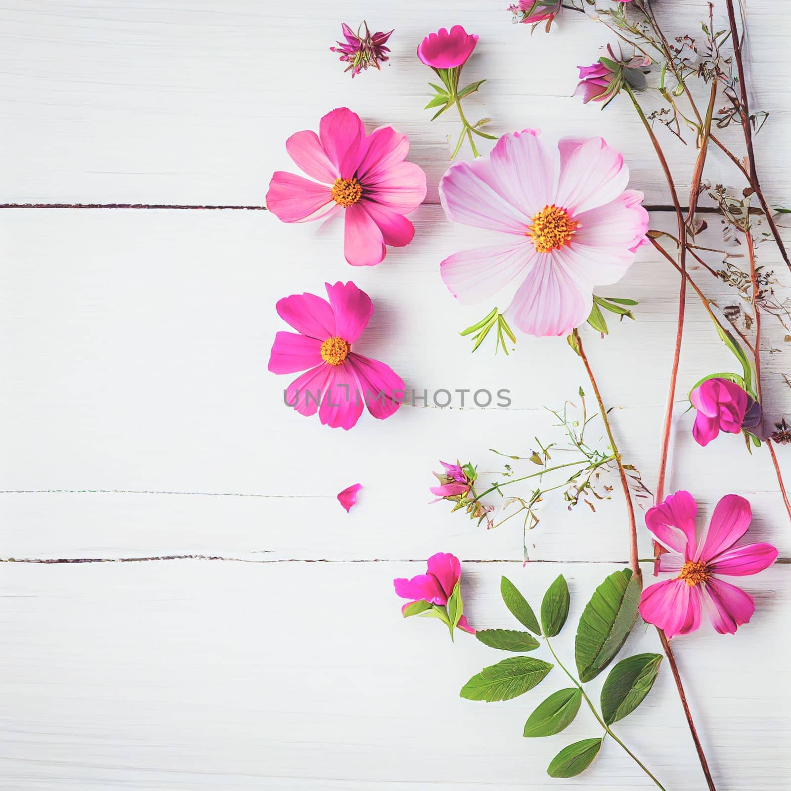 Beautiful pink flowers on white wooden background, Valentine's day concept with copy space by FokasuArt
