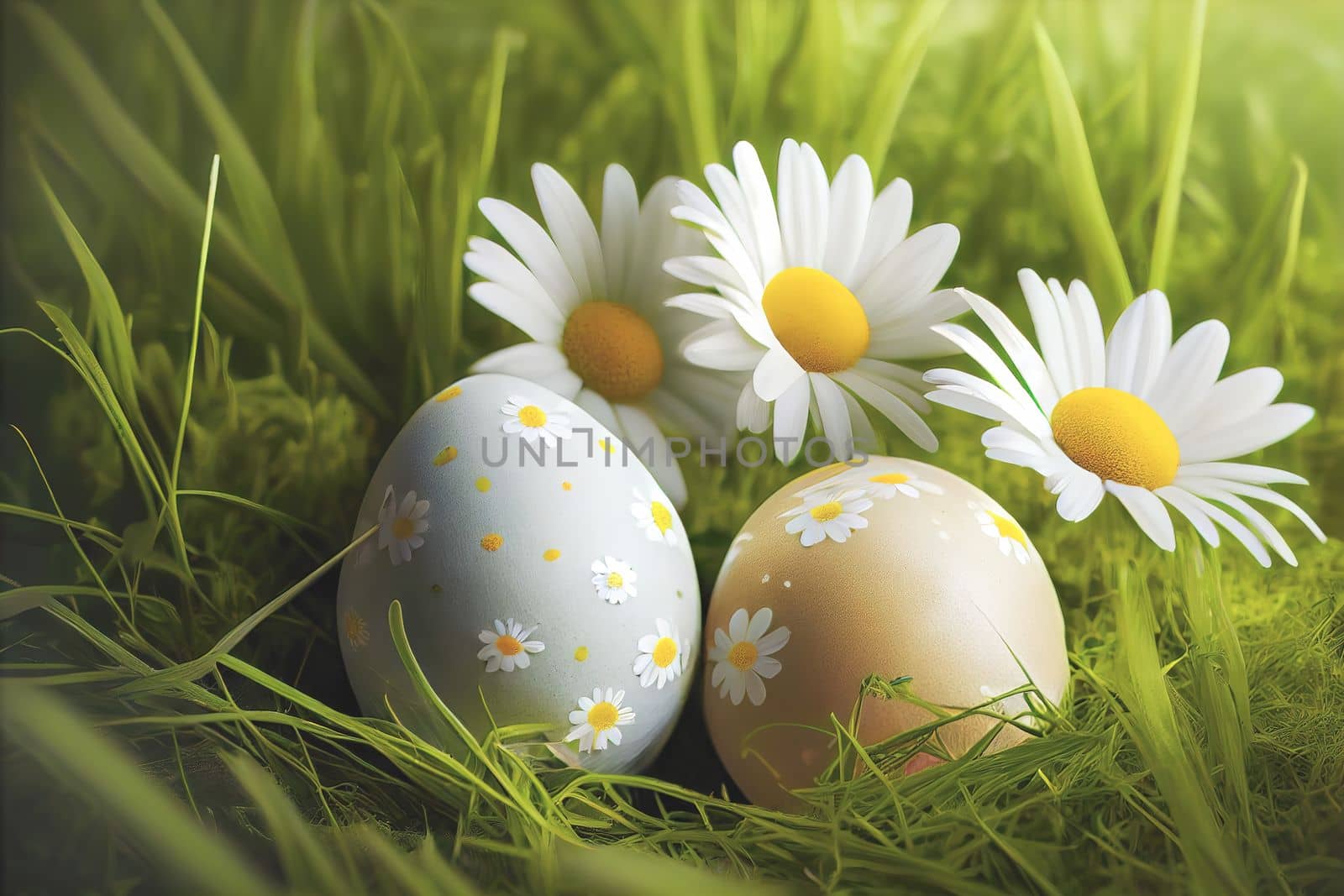Colorful Easter eggs among daisies in green grass field with copy space. 3D illustration