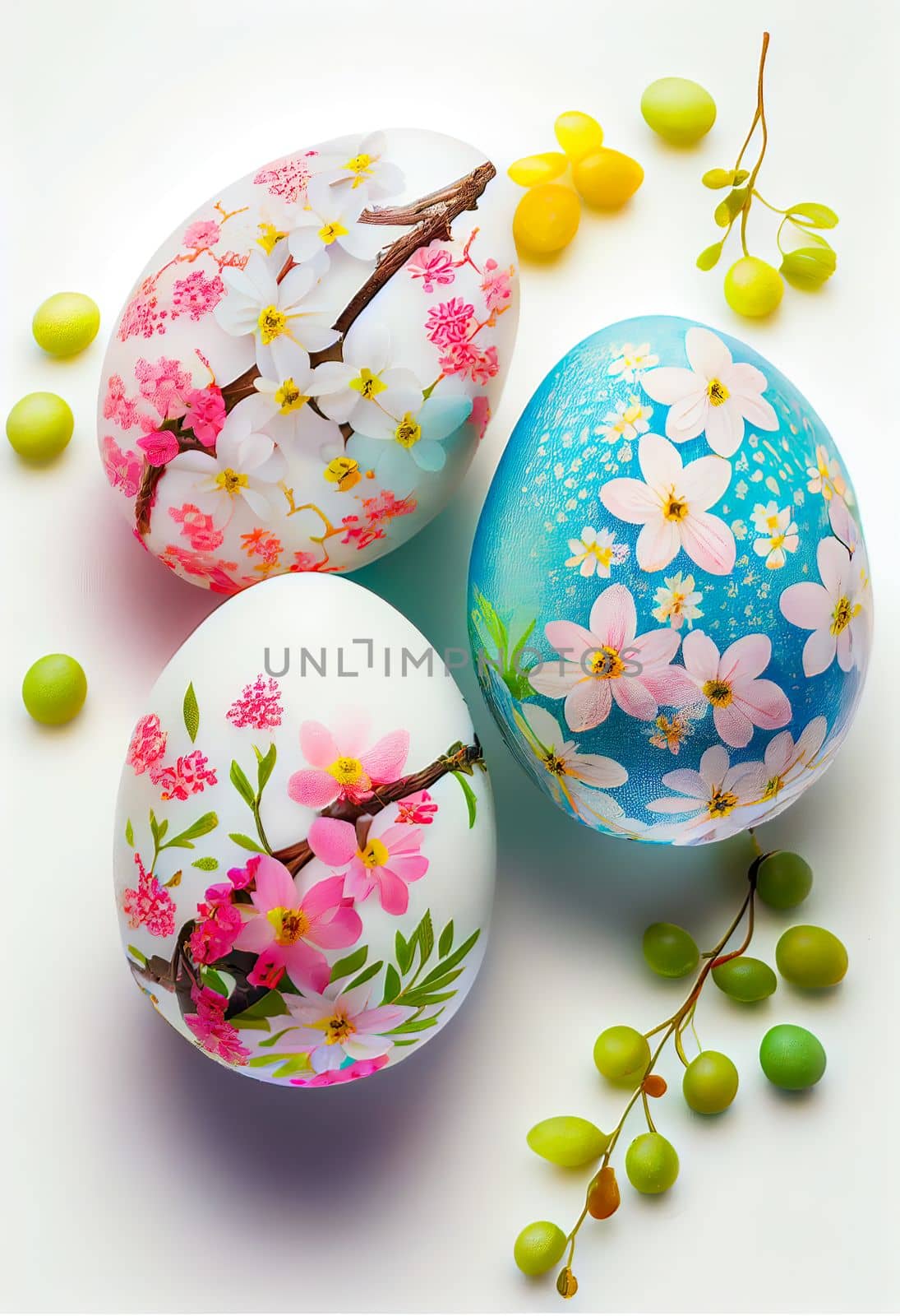 Colorful Easter eggs with cherry blossoms on white background. Design for Easter day banner. 3D illustration