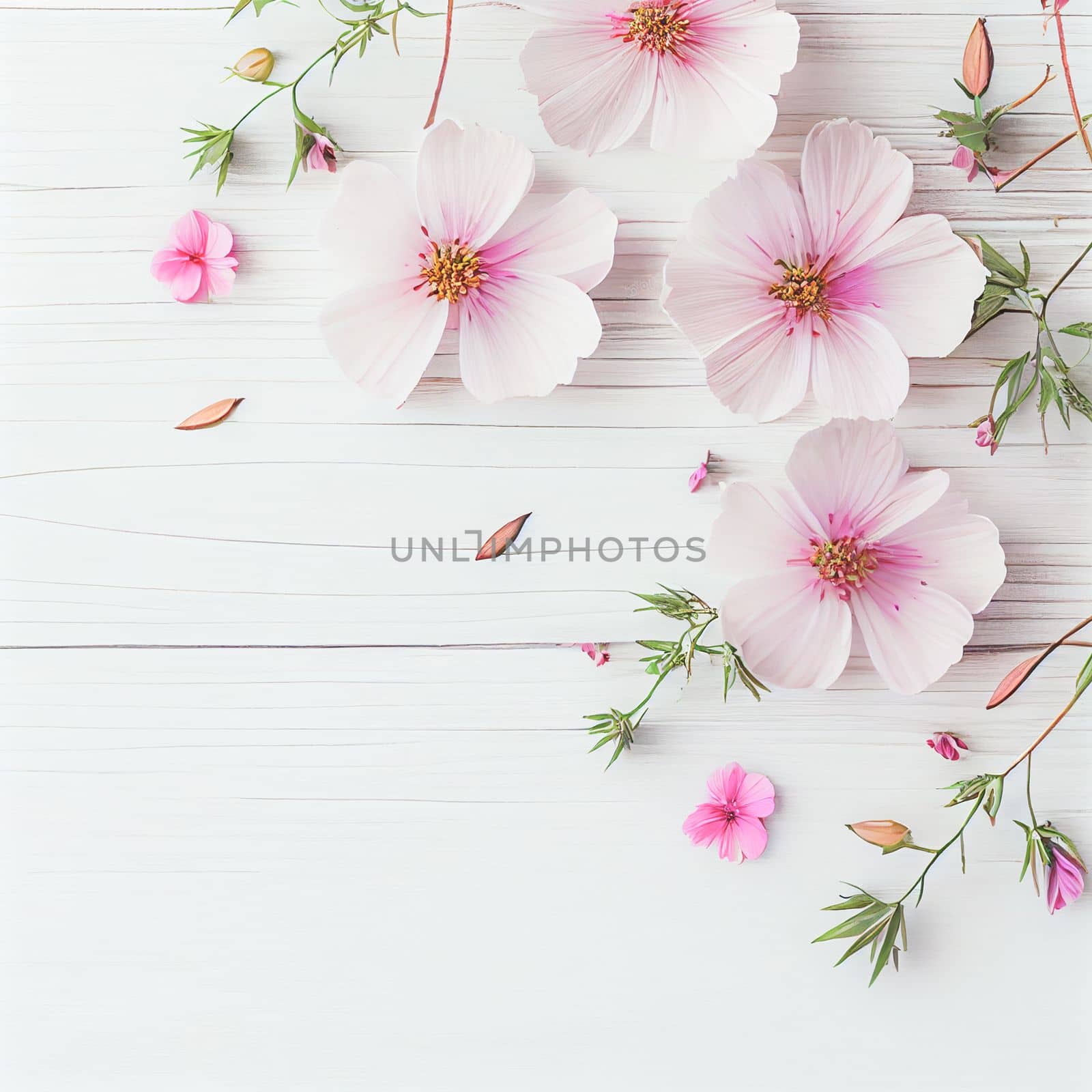 Top view of beautiful pink flowers on white wooden background, Valentine's day concept with copy space, flat lay.