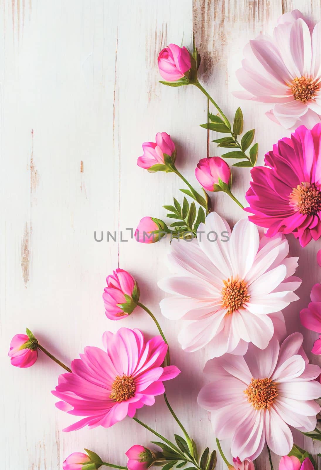 Top view of beautiful pink flowers on white wooden background, Valentine's day concept with copy space, flat lay.