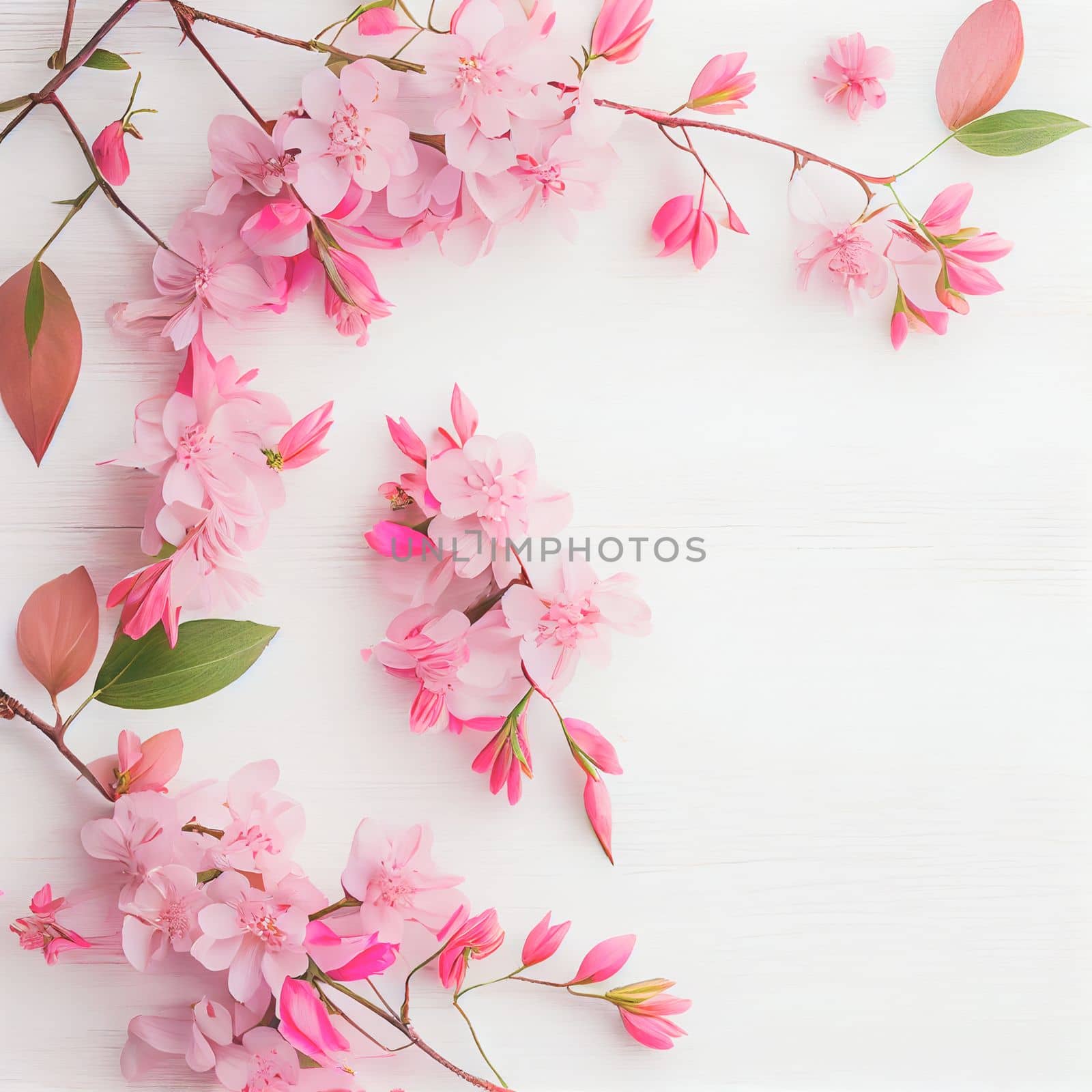 Top view of beautiful pink flowers on white wooden background, Valentine's day concept with copy space, flat lay.