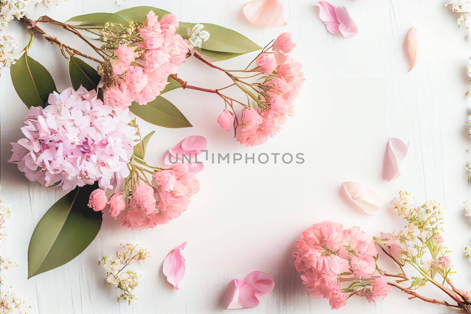 Top view of beautiful pink flowers on white wooden background, Valentine's day concept with copy space, flat lay.