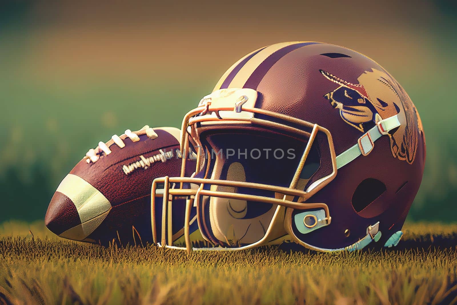 American Football and Helmet on the Field background with copy space