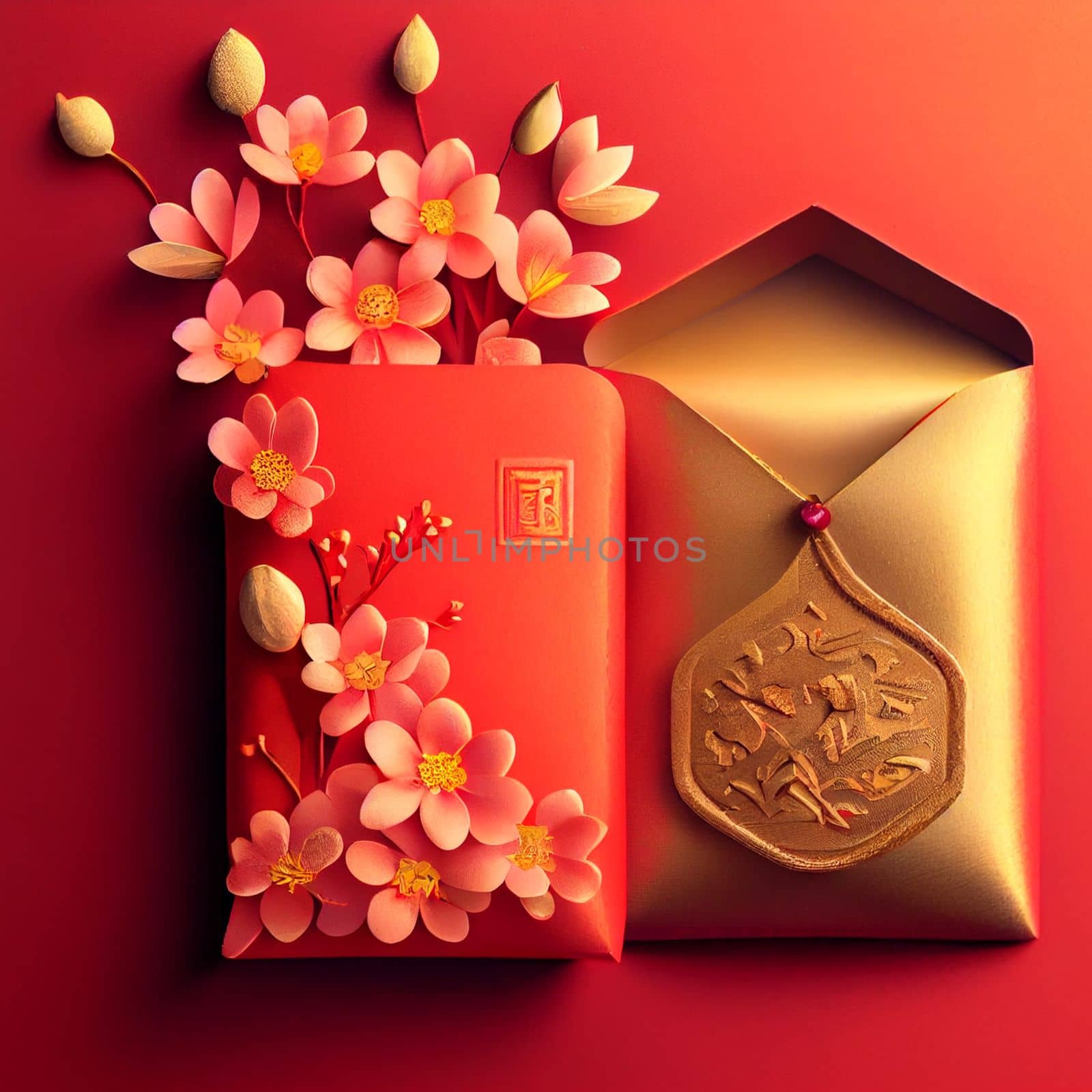 Red envelopes with gold ingots, oranges, and Chinese blossom flowers for a festive Chinese New Year. Displayed on a red background for luck and prosperity in the new year. 3D illustration