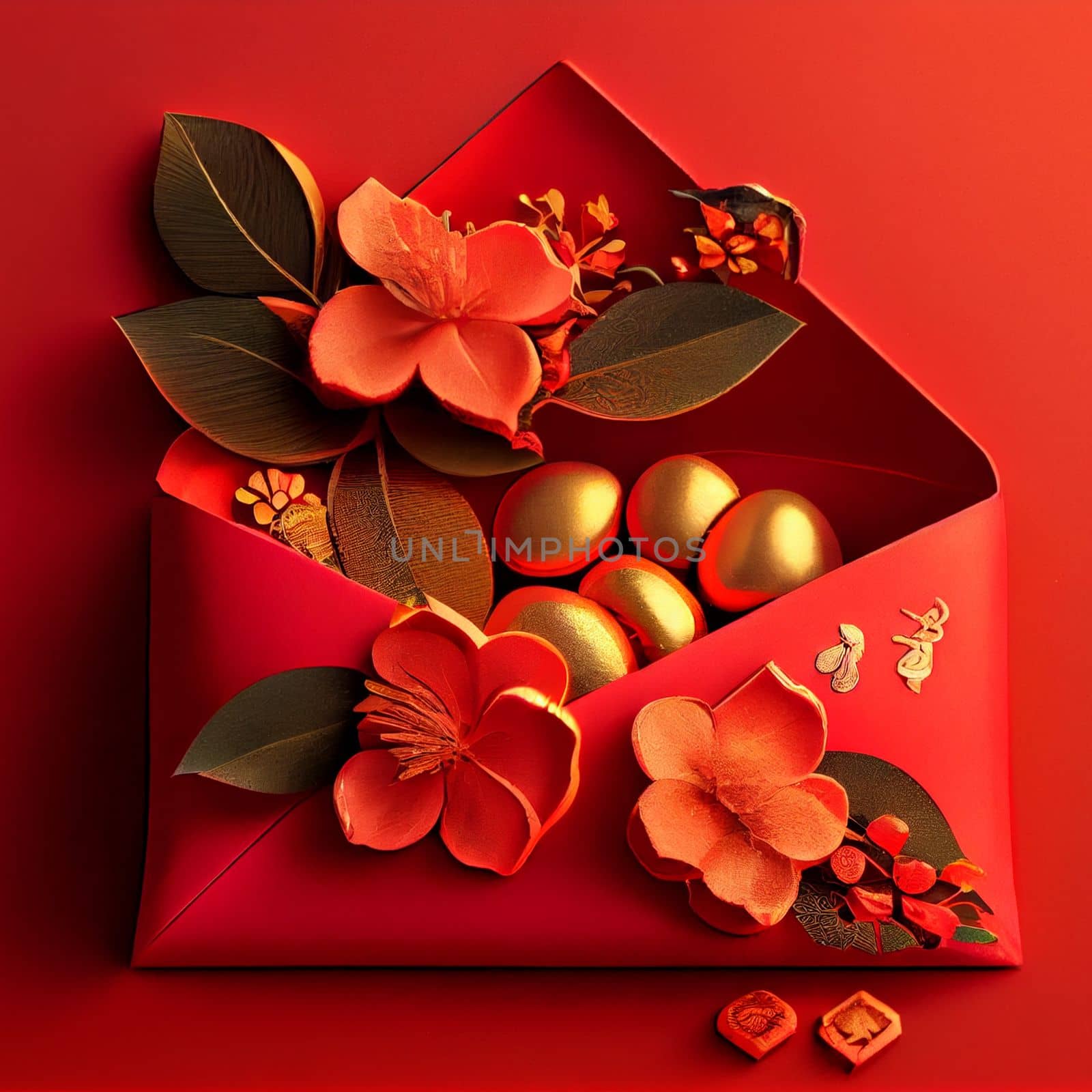 Red envelopes with gold ingots, oranges, and Chinese blossom flowers for a festive Chinese New Year. Displayed on a red background for luck and prosperity in the new year. 3D illustration