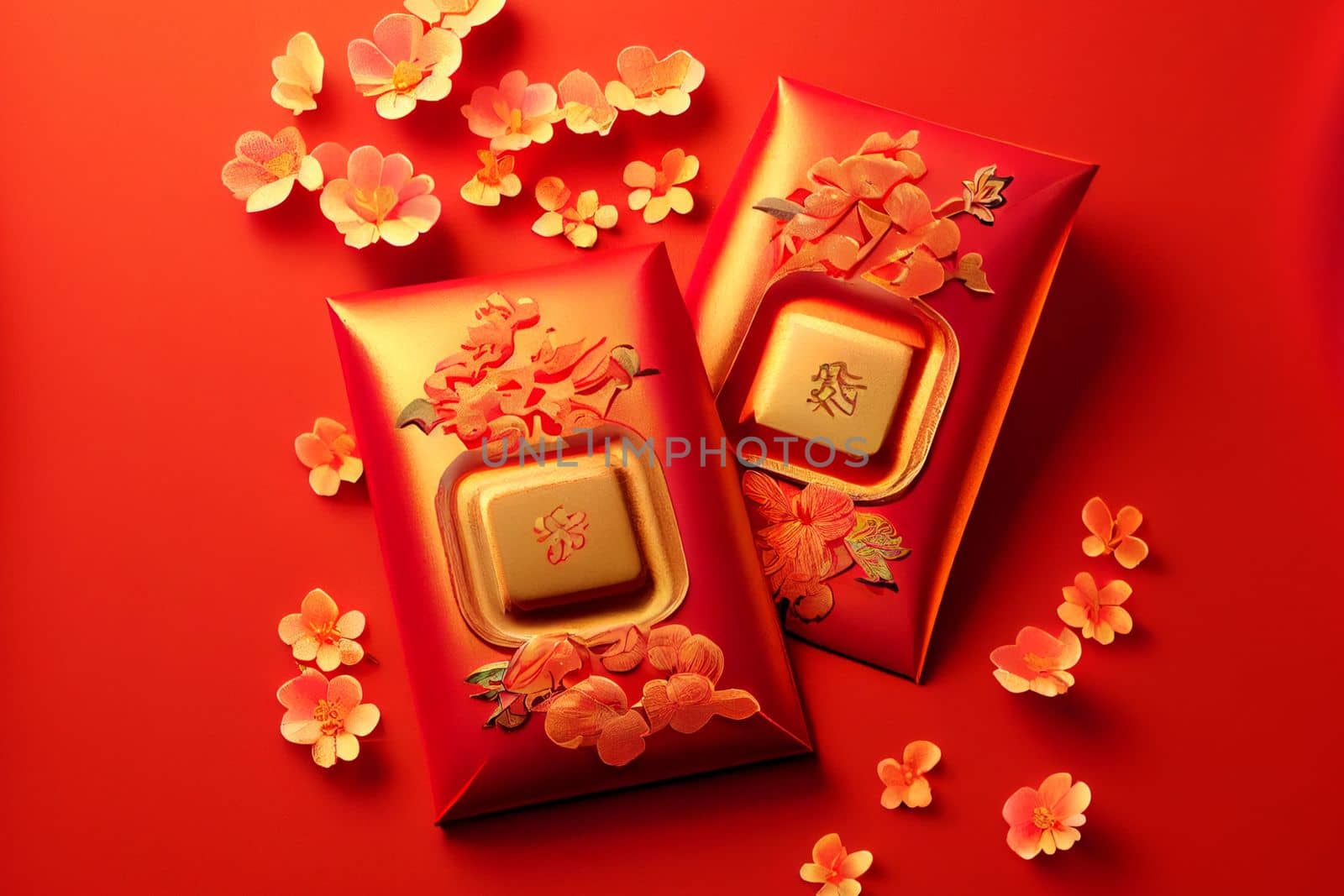 Red envelopes with gold ingots, oranges, and Chinese blossom flowers for a festive Chinese New Year. Displayed on a red background for luck and prosperity in the new year. 3D illustration