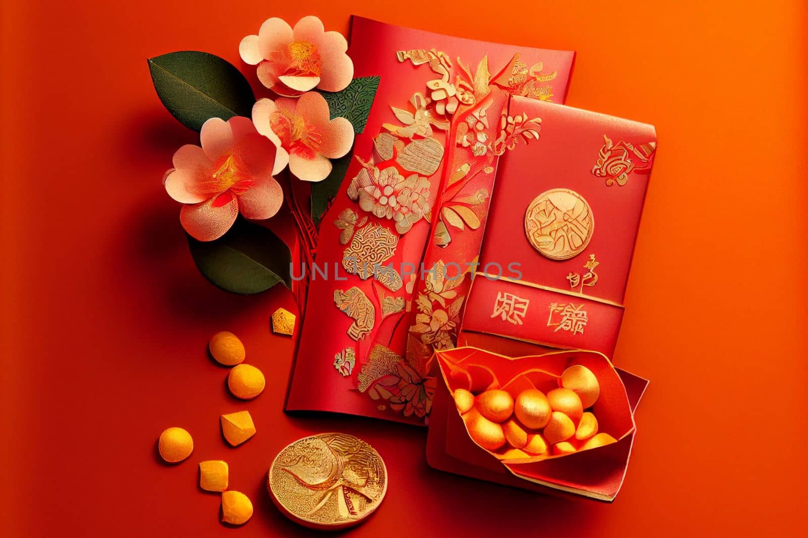 Red envelopes with gold ingots, oranges, and Chinese blossom flowers for a festive Chinese New Year. Displayed on a red background for luck and prosperity in the new year. 3D illustration
