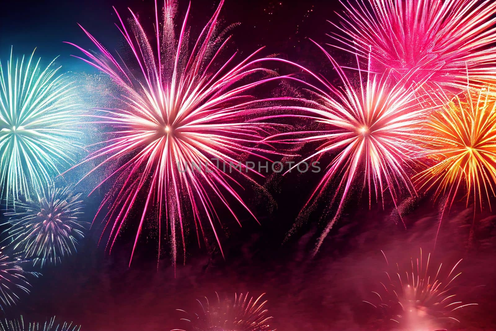 Beautiful fireworks in the new year festival background with free space for text. Abstract colored holiday background.