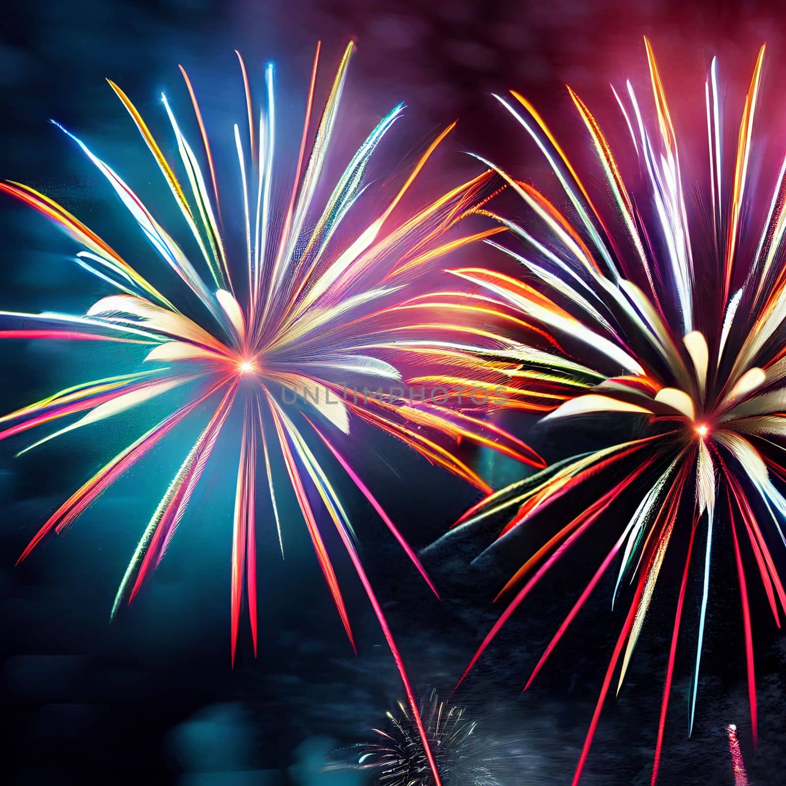 Beautiful fireworks in the new year festival background with free space for text. Abstract colored holiday background.