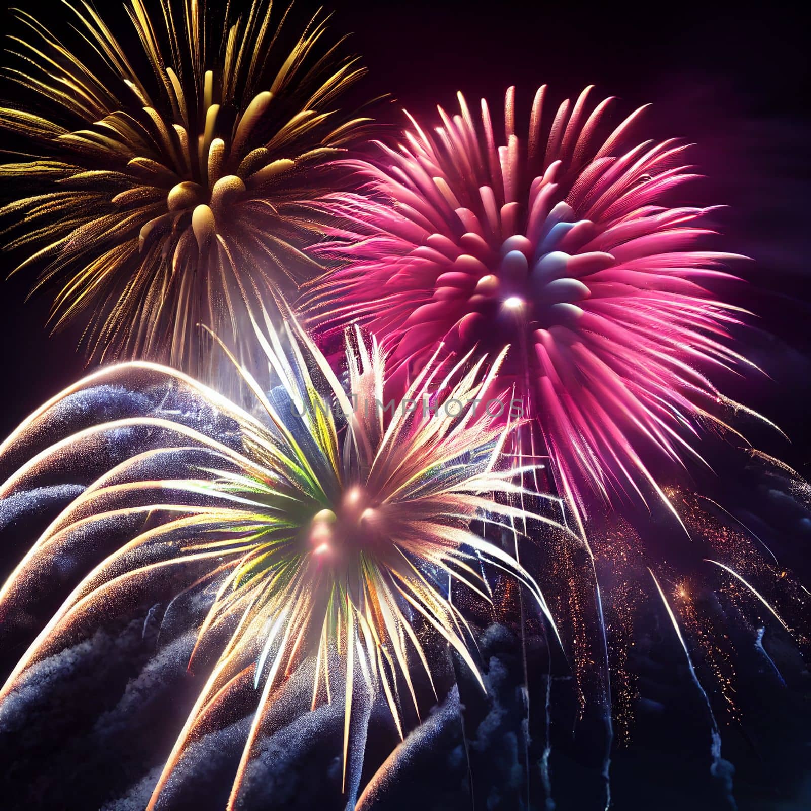 Beautiful fireworks in the new year festival background with free space for text. Abstract colored holiday background.