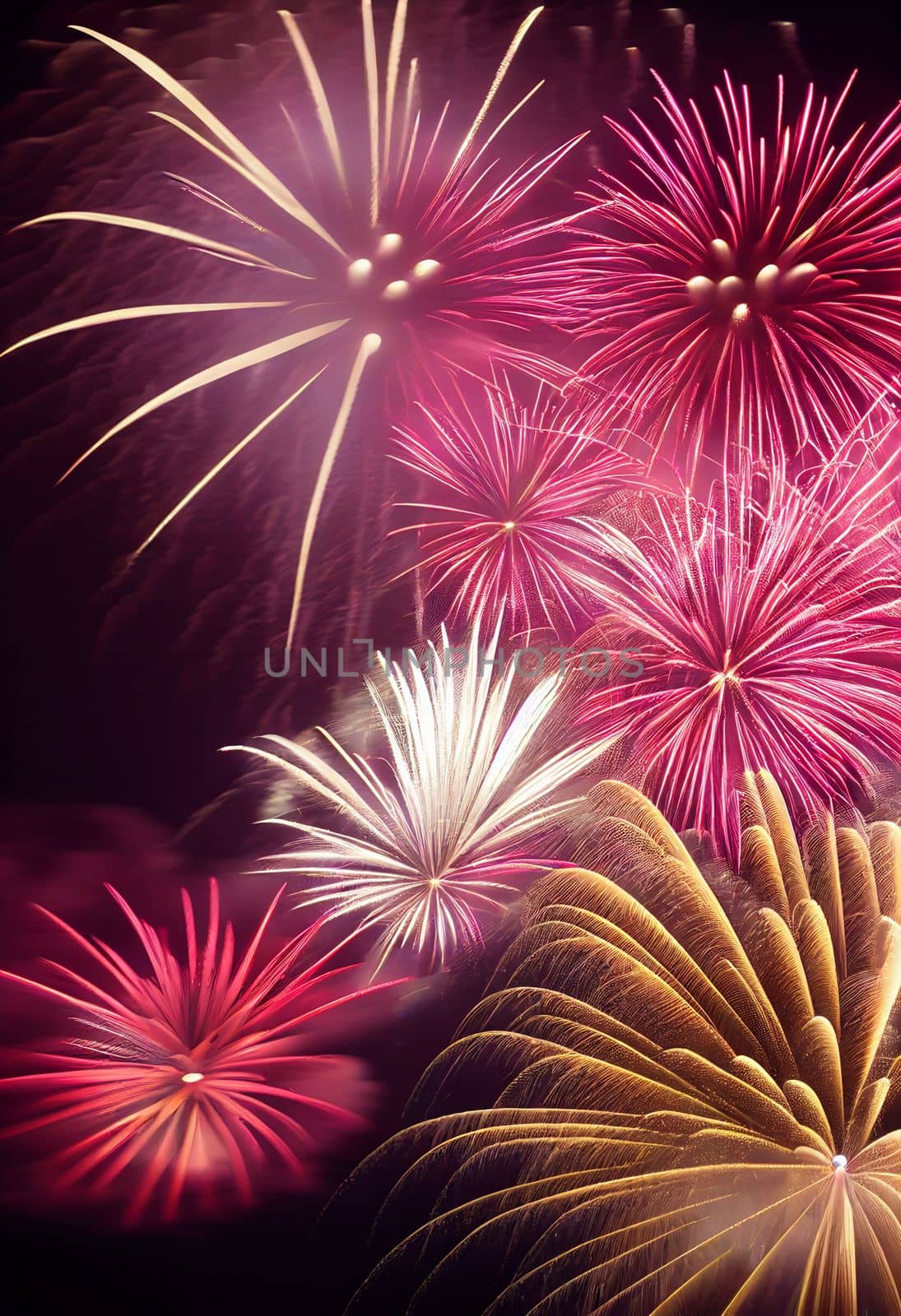 Beautiful fireworks in the new year festival background with free space for text. Abstract colored holiday background.