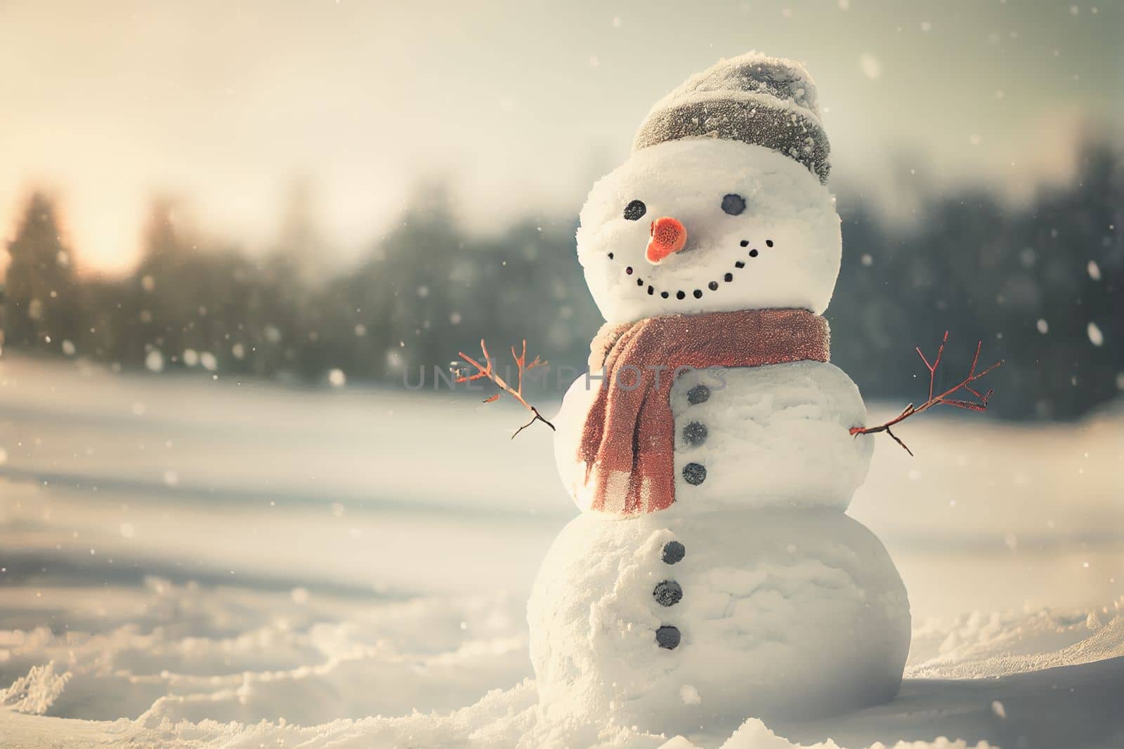 Snowman standing in Winter Christmas landscape. Snow background with free space for text.