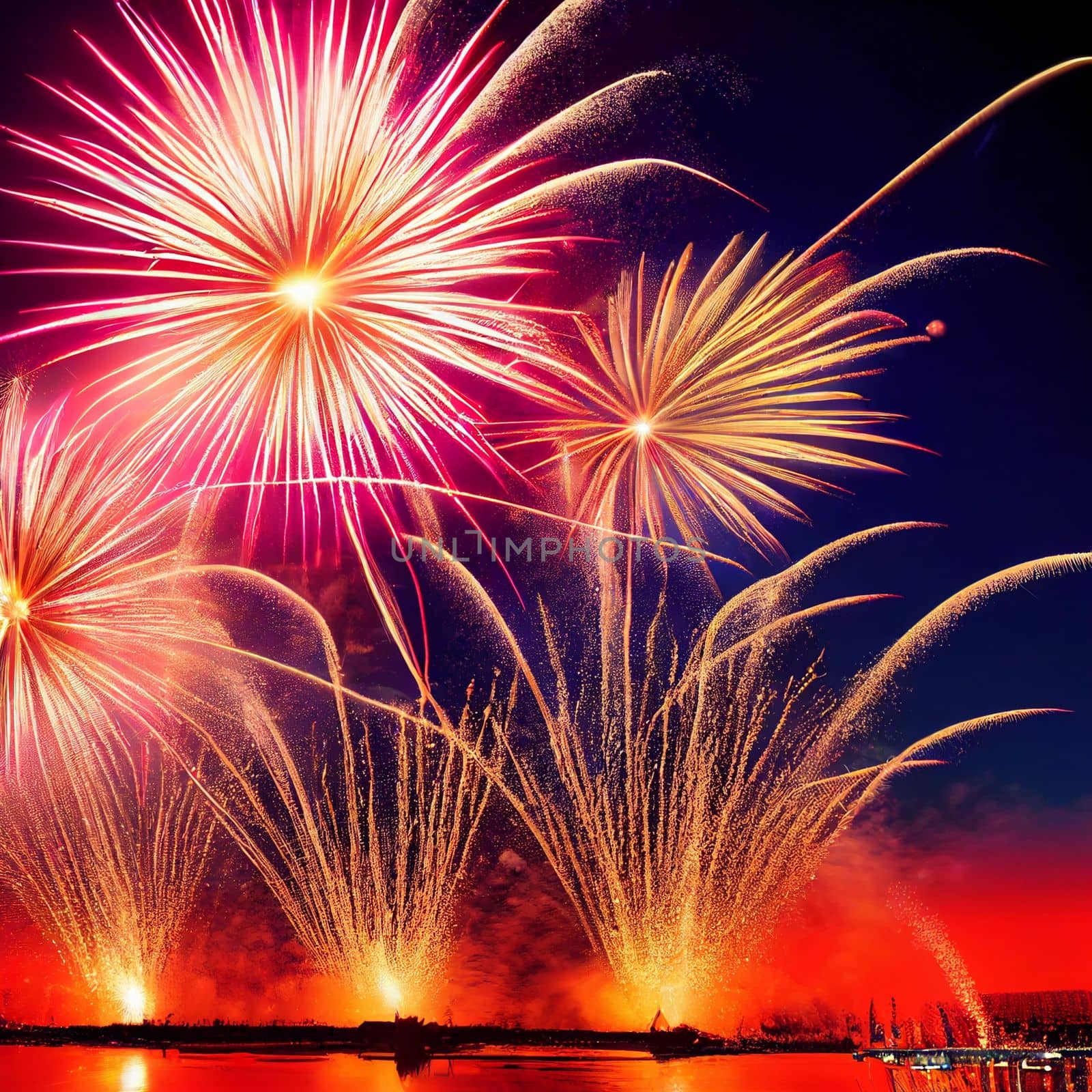 Beautiful fireworks in the new year festival background with free space for text. Abstract colored holiday background.