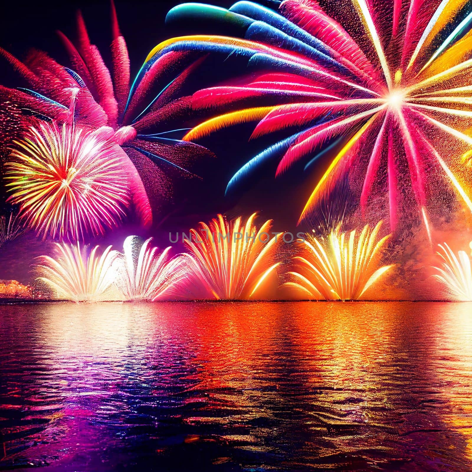 Beautiful fireworks in the new year festival background with free space for text. Abstract colored holiday background.