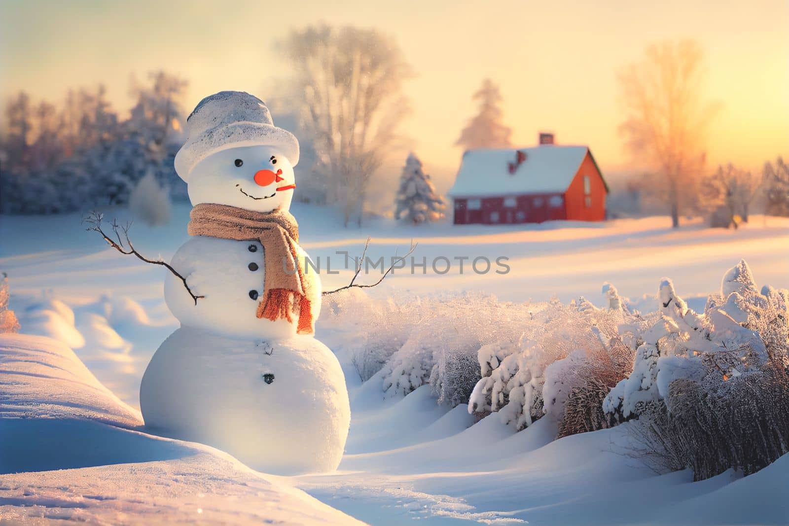 Snowman standing in Winter Christmas landscape. Snow background with free space for text.