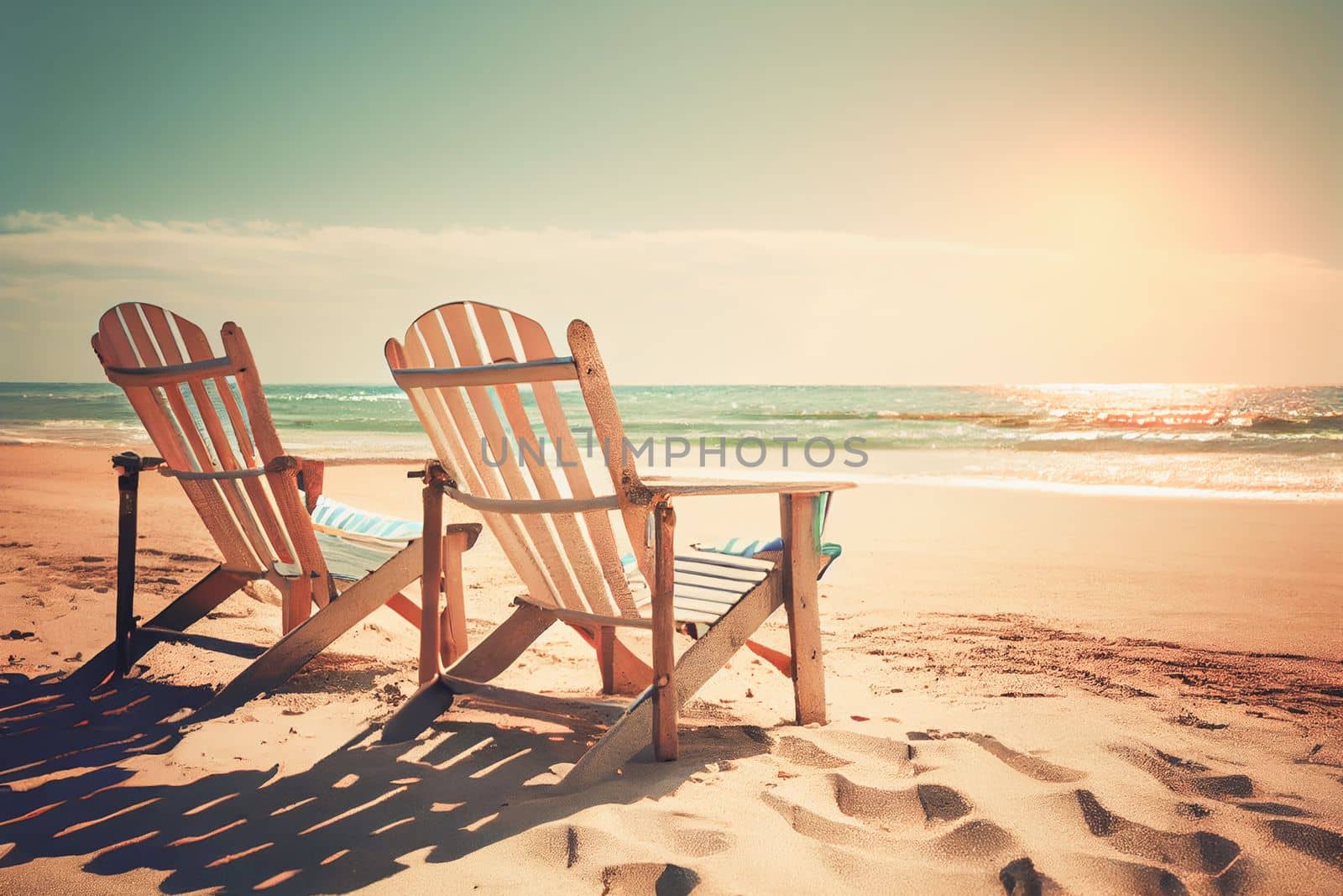 Beach loungers near the sea. Summer vacation concept, Summer holiday vacation tourism banner.