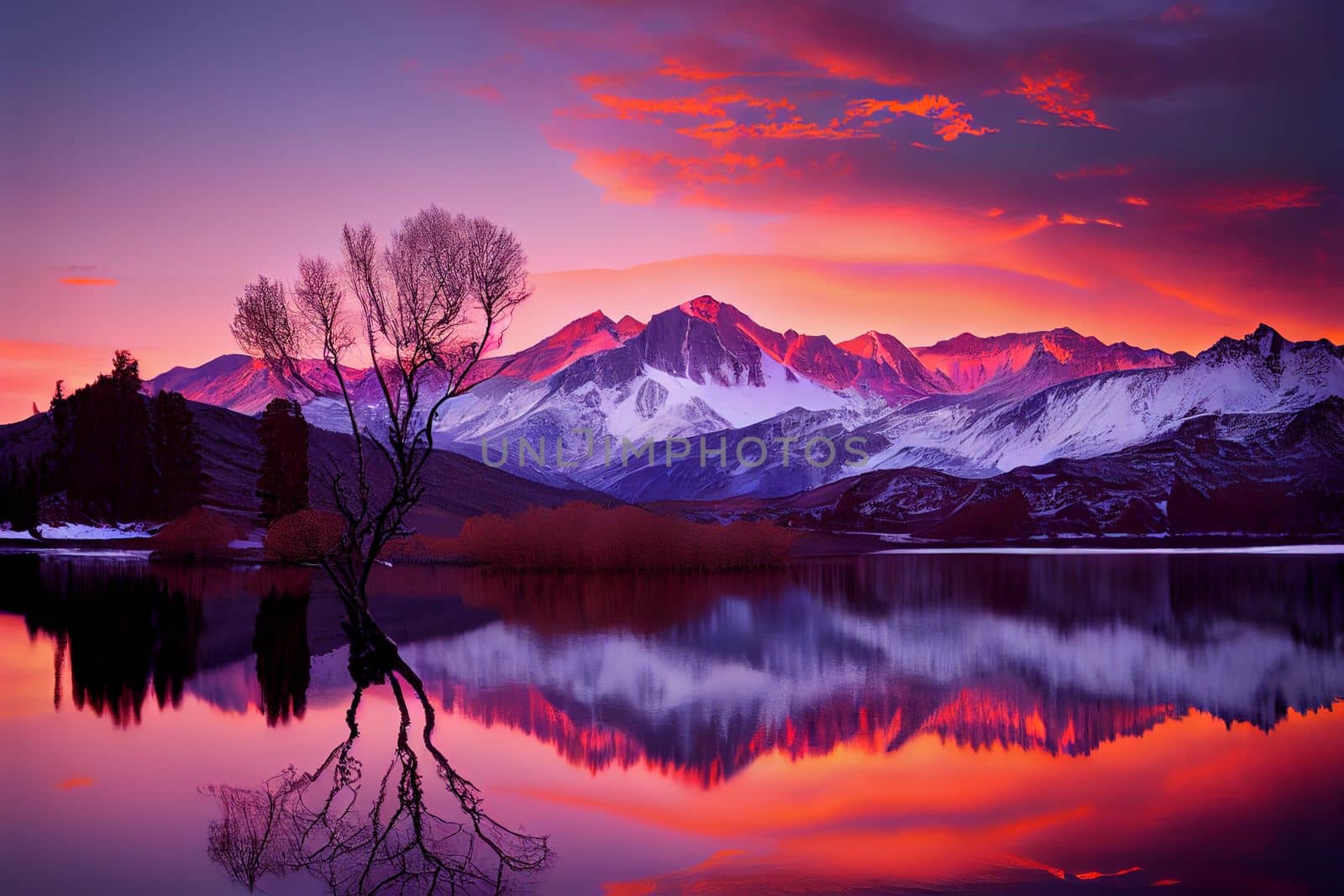 Sunrise over snowy mountain peaks with vibrant orange, pink, and purple skies. Tranquil lake in foreground with lone tree reaching towards the sky.