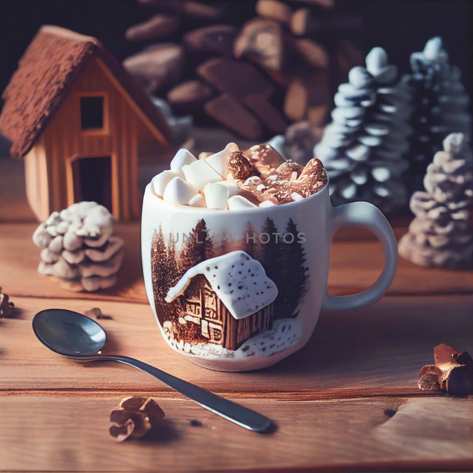 Cozy up with a warm mug of hot cocoa and marshmallows on a wintery wooden table surrounded by festive holiday decor. The perfect setting for a relaxing New Year's celebration.