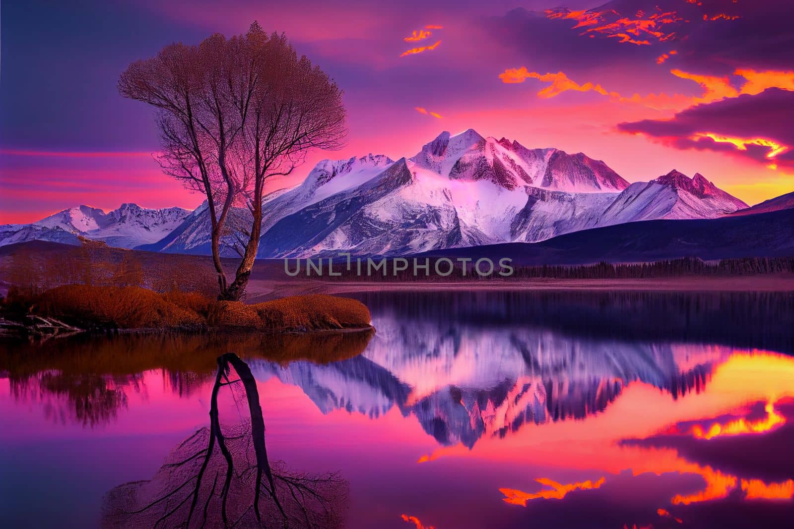 Sunrise over snowy mountain peaks with vibrant orange, pink, and purple skies. Tranquil lake in foreground with lone tree reaching towards the sky.