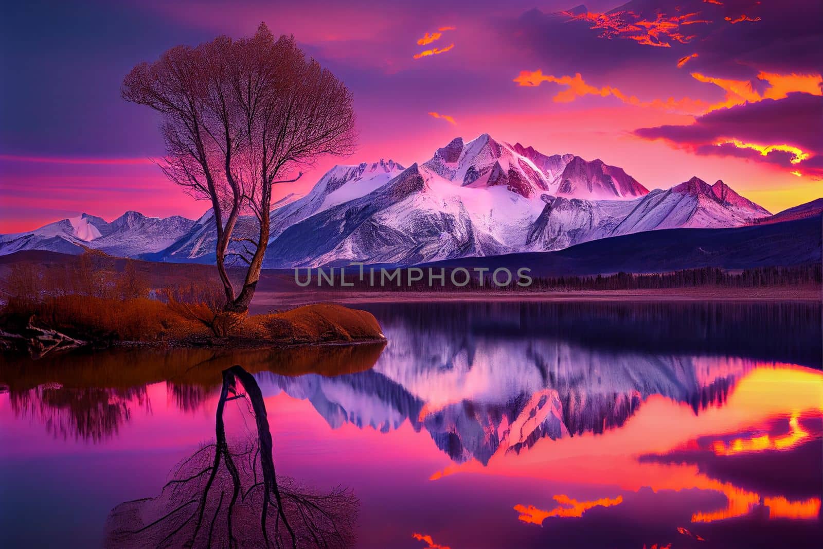 Sunrise over snowy mountain peaks with vibrant orange, pink, and purple skies. Tranquil lake in foreground with lone tree reaching towards the sky.