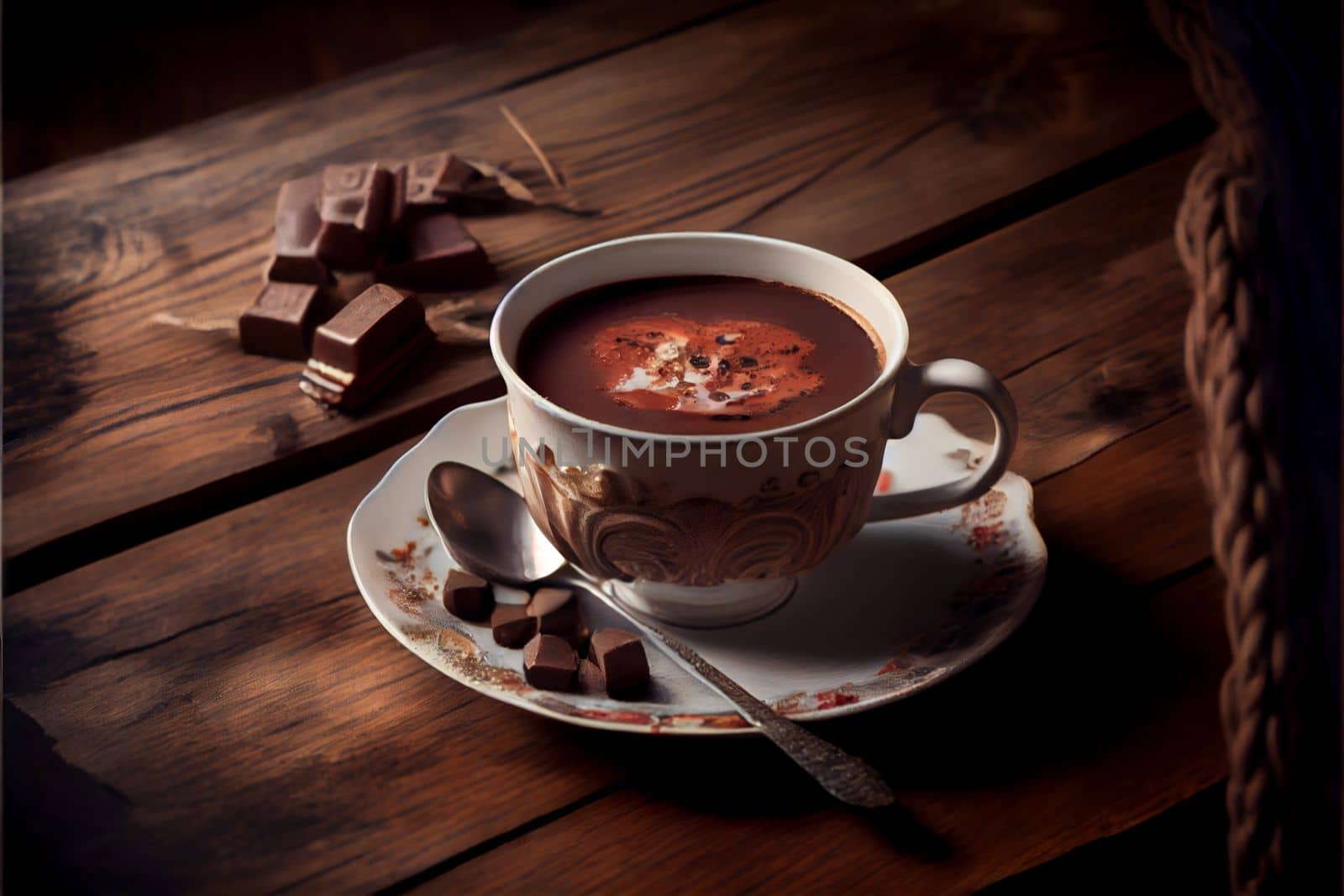 Cozy up with a warm mug of hot cocoa and marshmallows on a wintery wooden table surrounded by festive holiday decor. The perfect setting for a relaxing New Year's celebration.