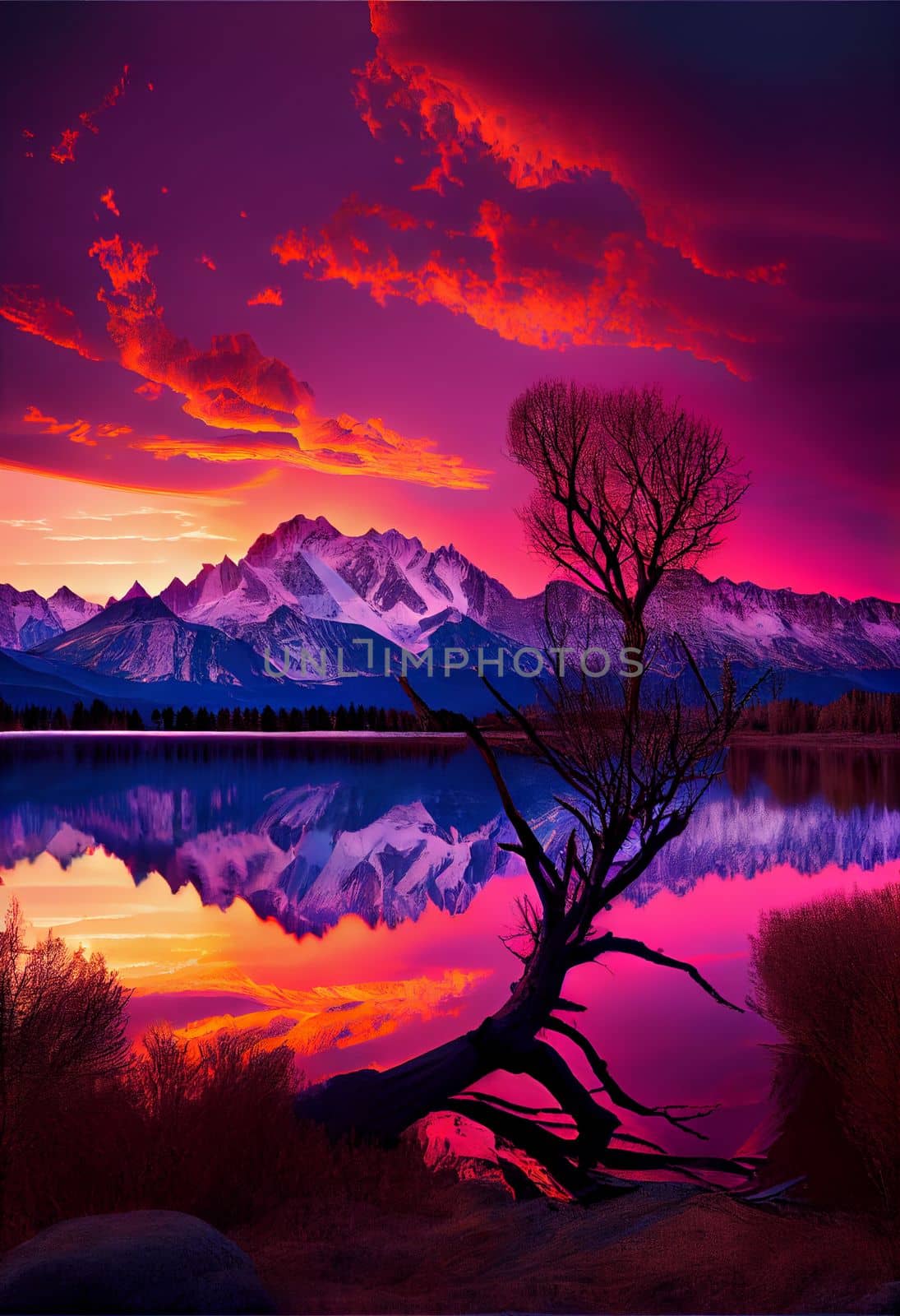 Majestic mountain range at sunrise with small lake and lone tree in foreground. by FokasuArt