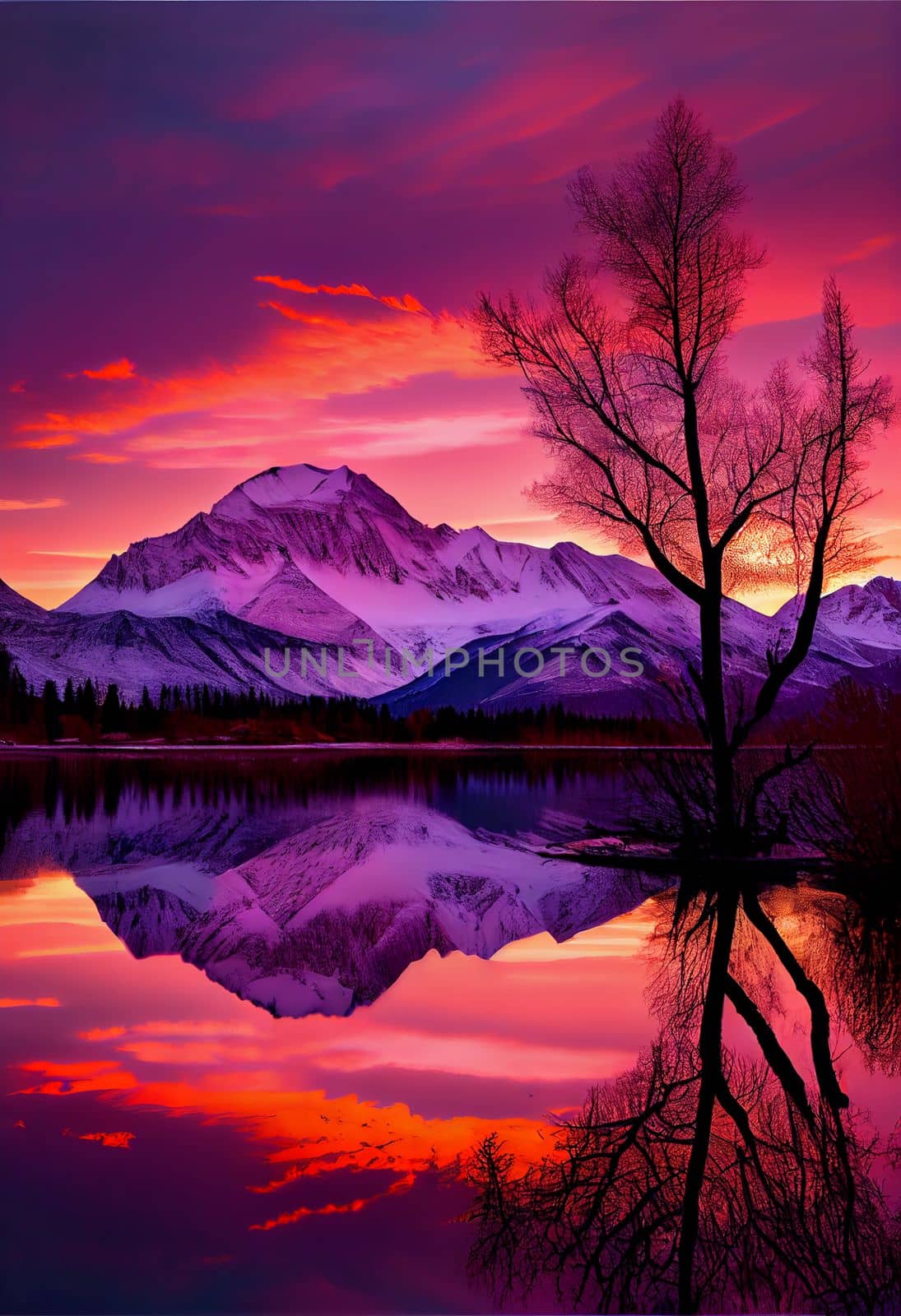 Sunrise over snowy mountain peaks with vibrant orange, pink, and purple skies. Tranquil lake in foreground with lone tree reaching towards the sky.