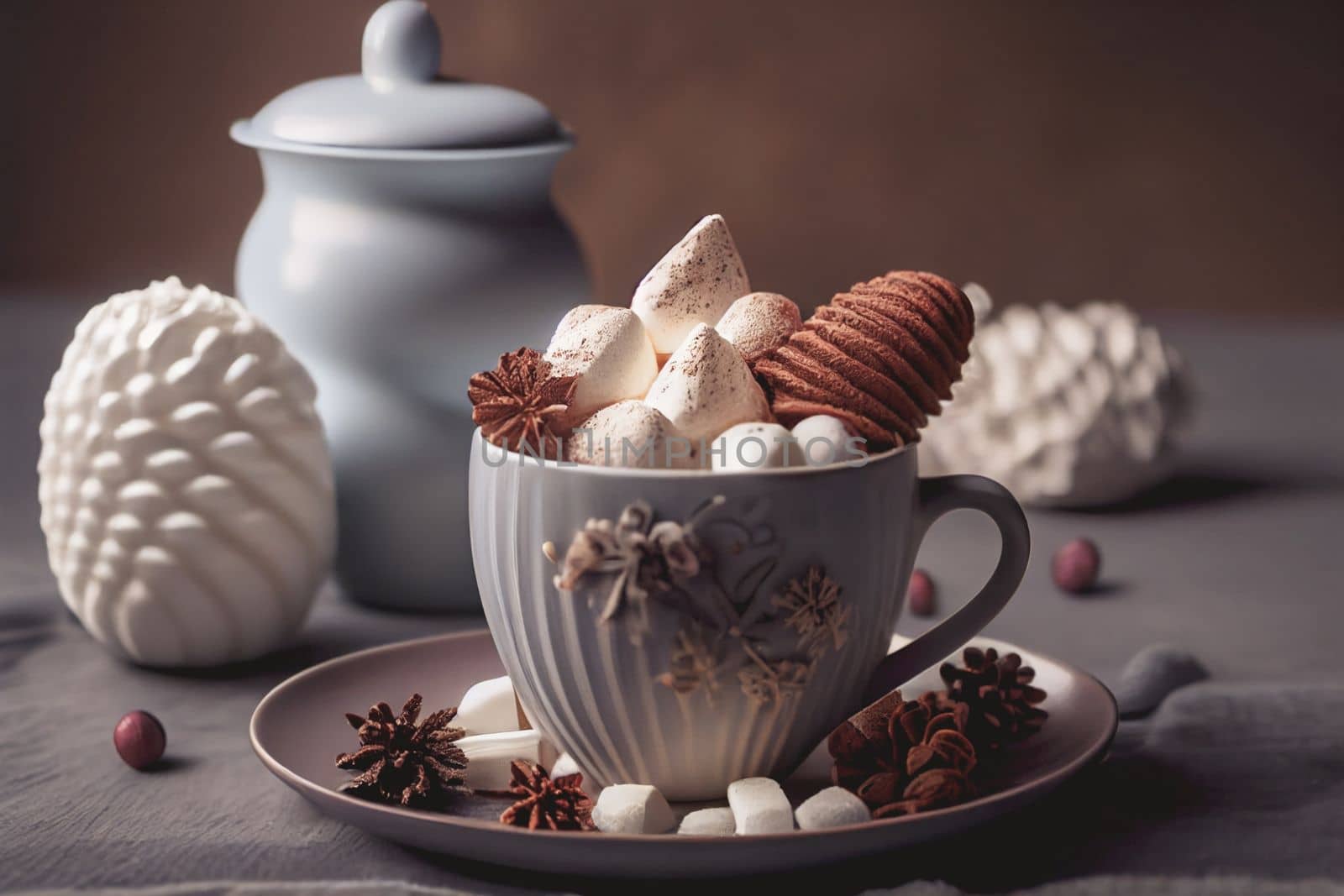 Cozy up with a warm mug of hot cocoa and marshmallows on a wintery wooden table surrounded by festive holiday decor. The perfect setting for a relaxing New Year's celebration.