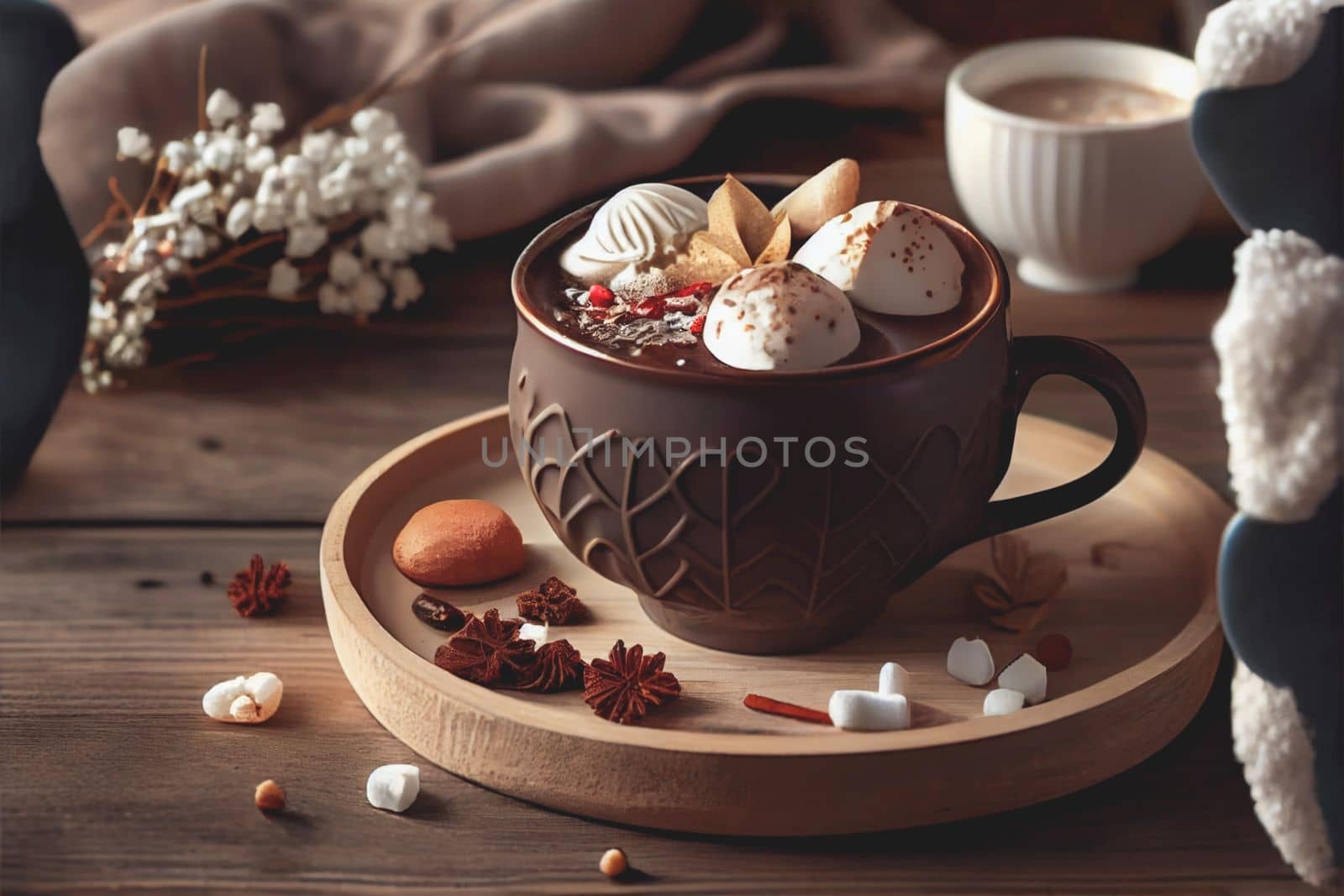 Cozy up with a warm mug of hot cocoa and marshmallows on a wintery wooden table surrounded by festive holiday decor. The perfect setting for a relaxing New Year's celebration.