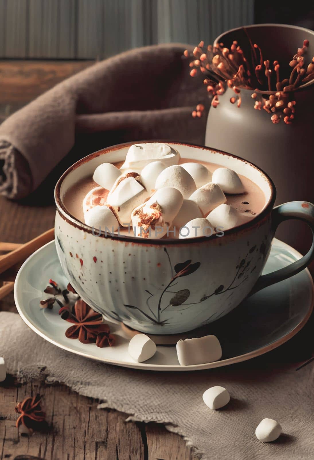 Cozy up with a warm mug of hot cocoa and marshmallows on a wintery wooden table surrounded by festive holiday decor. The perfect setting for a relaxing New Year's celebration.