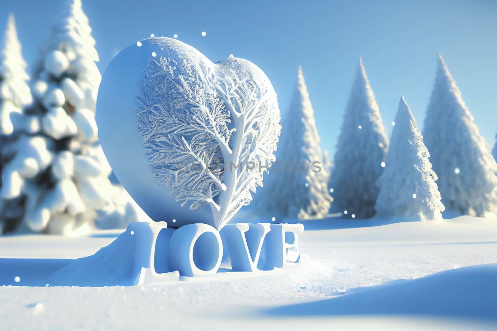 Huge ice heart with the word LOVE and Christmas tree. Perfect card for Valentine's Day or Christmas. Winter wonderland with beautiful snow-covered scene. 3D illustration
