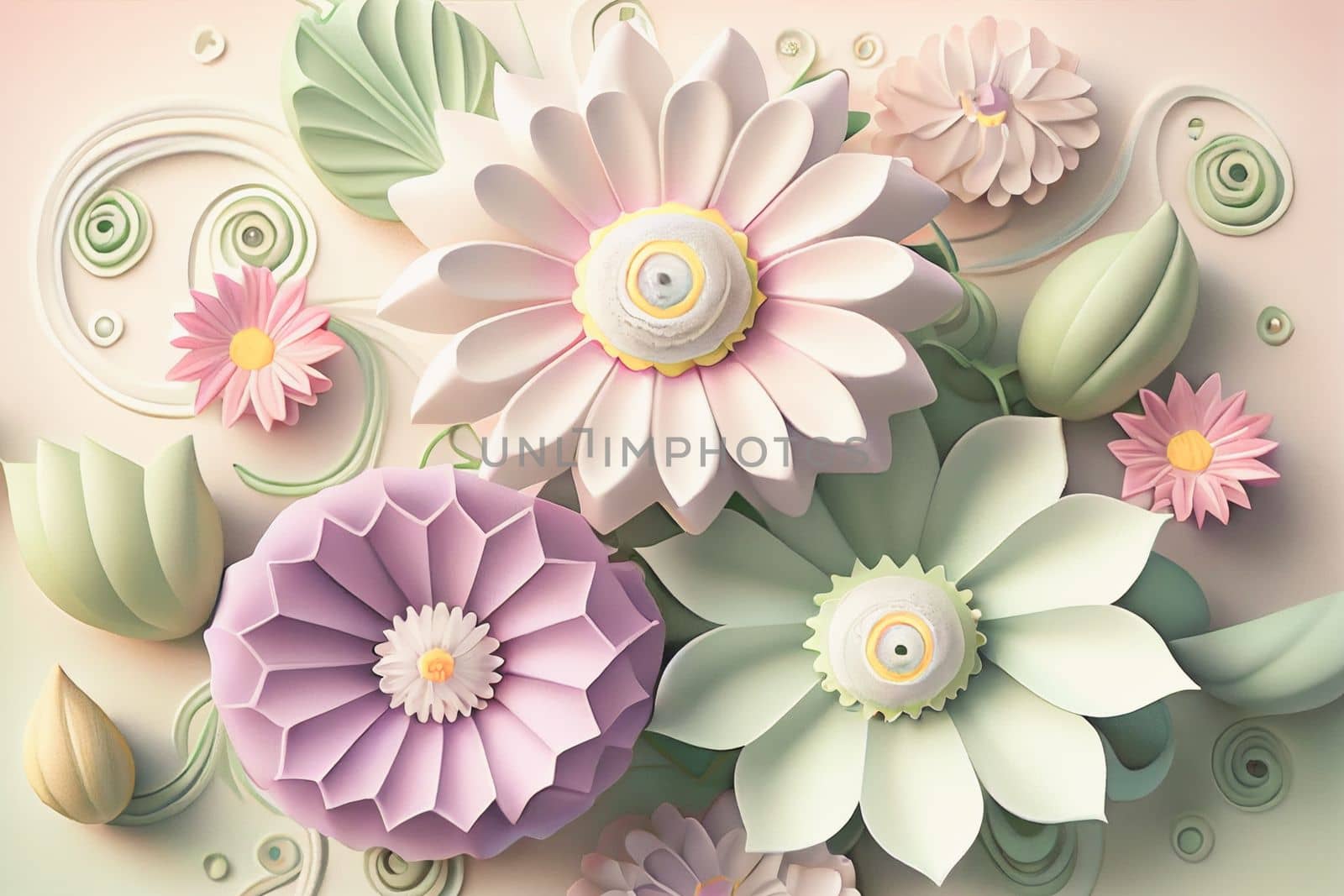 Cute kawaii pastel passiflora flowers with 3D detailing on a pastel background for a peaceful vibe. Soft pastel colors bring a soothing, gentle aesthetic.