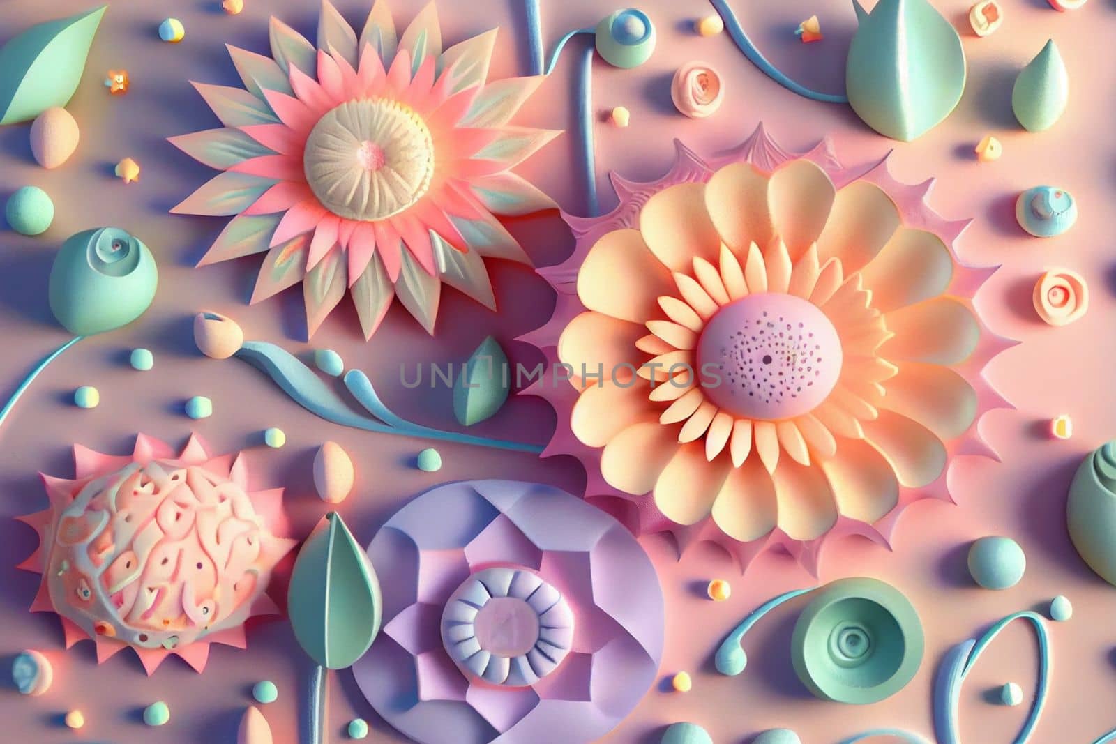 Cute kawaii pastel passiflora flowers with 3D detailing on a pastel background for a peaceful vibe. Soft pastel colors bring a soothing, gentle aesthetic.