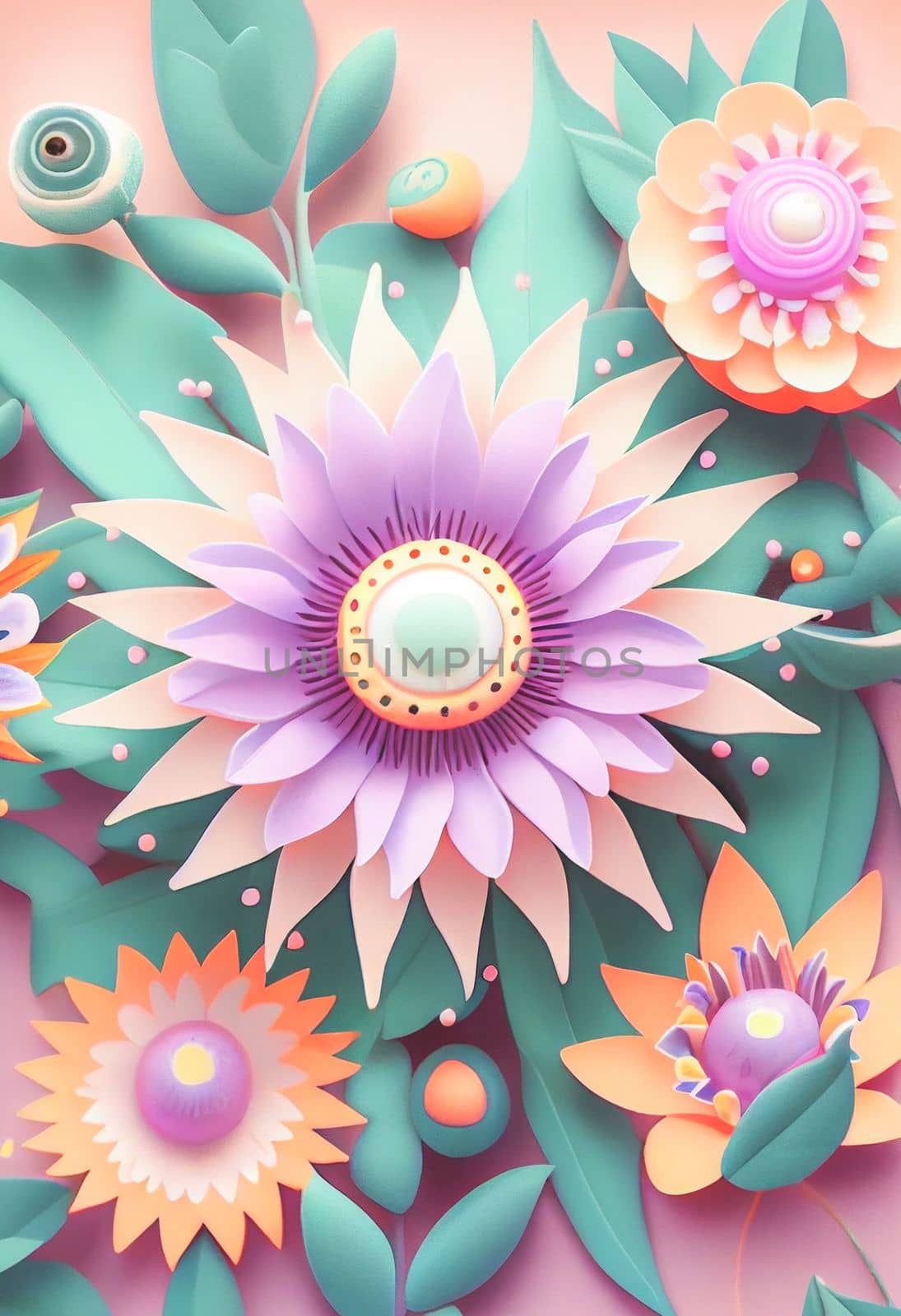 Cute kawaii pastel passiflora flowers with 3D detailing on a pastel background for a peaceful vibe. Soft pastel colors bring a soothing, gentle aesthetic.