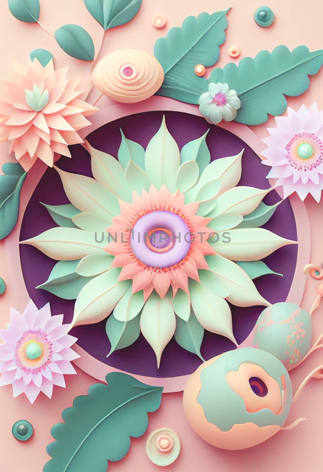 Cute kawaii pastel passiflora flowers with 3D detailing on a pastel background for a peaceful vibe. Soft pastel colors bring a soothing, gentle aesthetic.