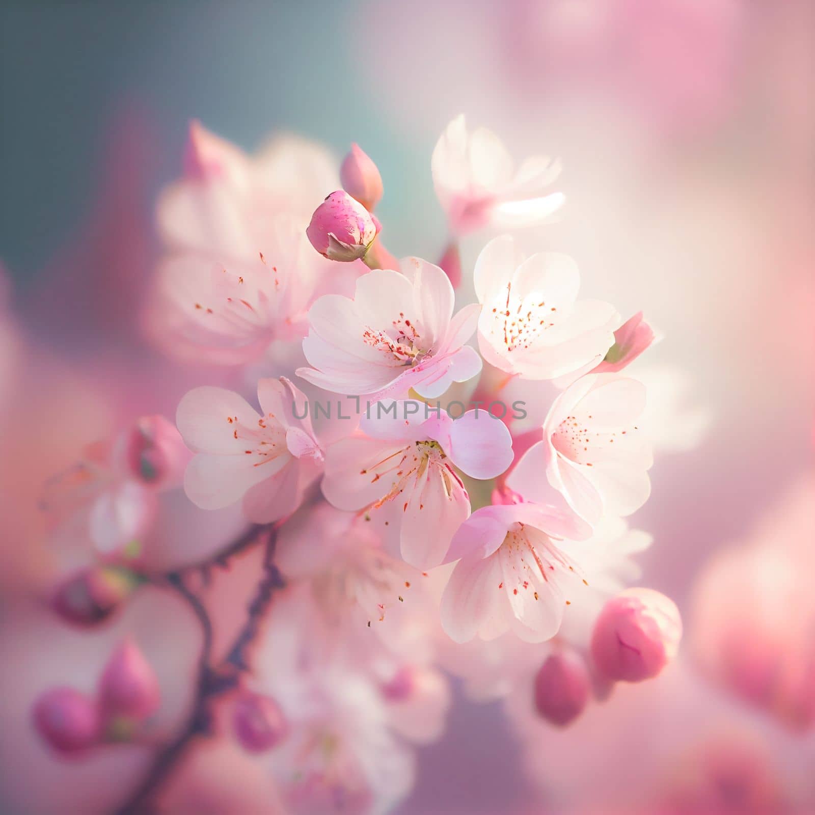 Spring cherry blossom stands out against pastel pink and white background. Shallow depth of field creates dreamy, blurry effect. Vibrant flowers against muted tones make for beautiful, romantic image.