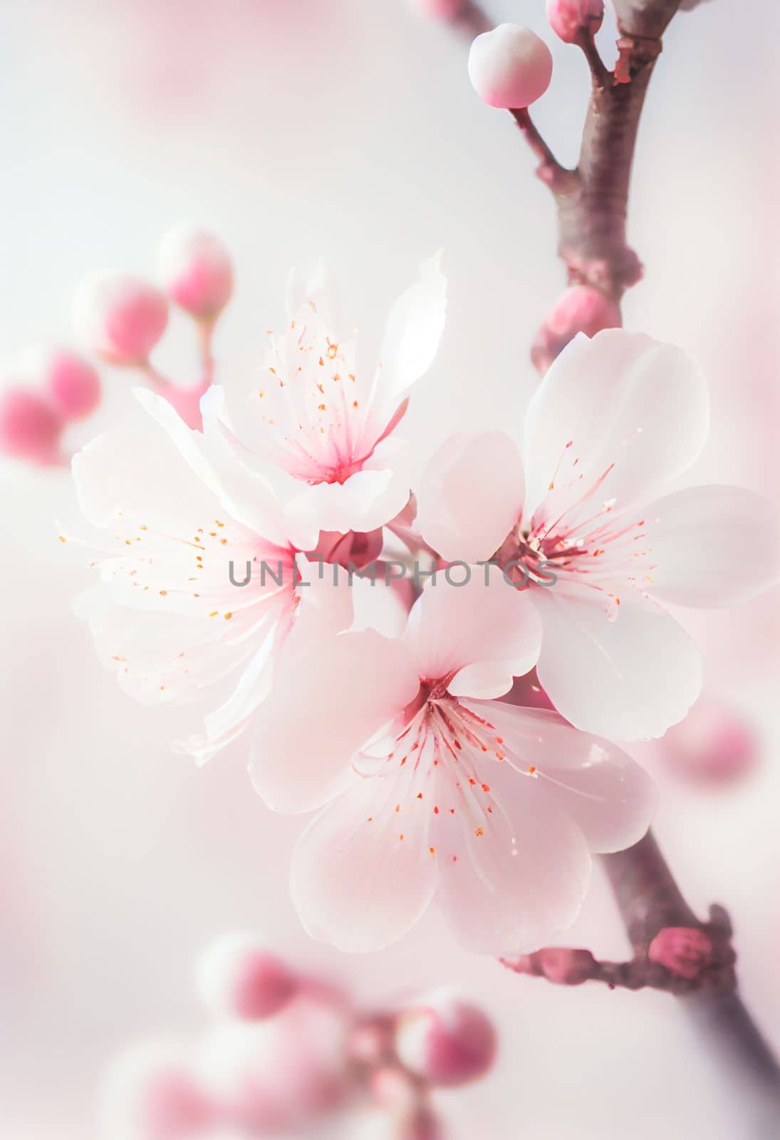 Spring cherry blossom against pastel pink and white background. Shallow depth of field dreamy effect by FokasuArt