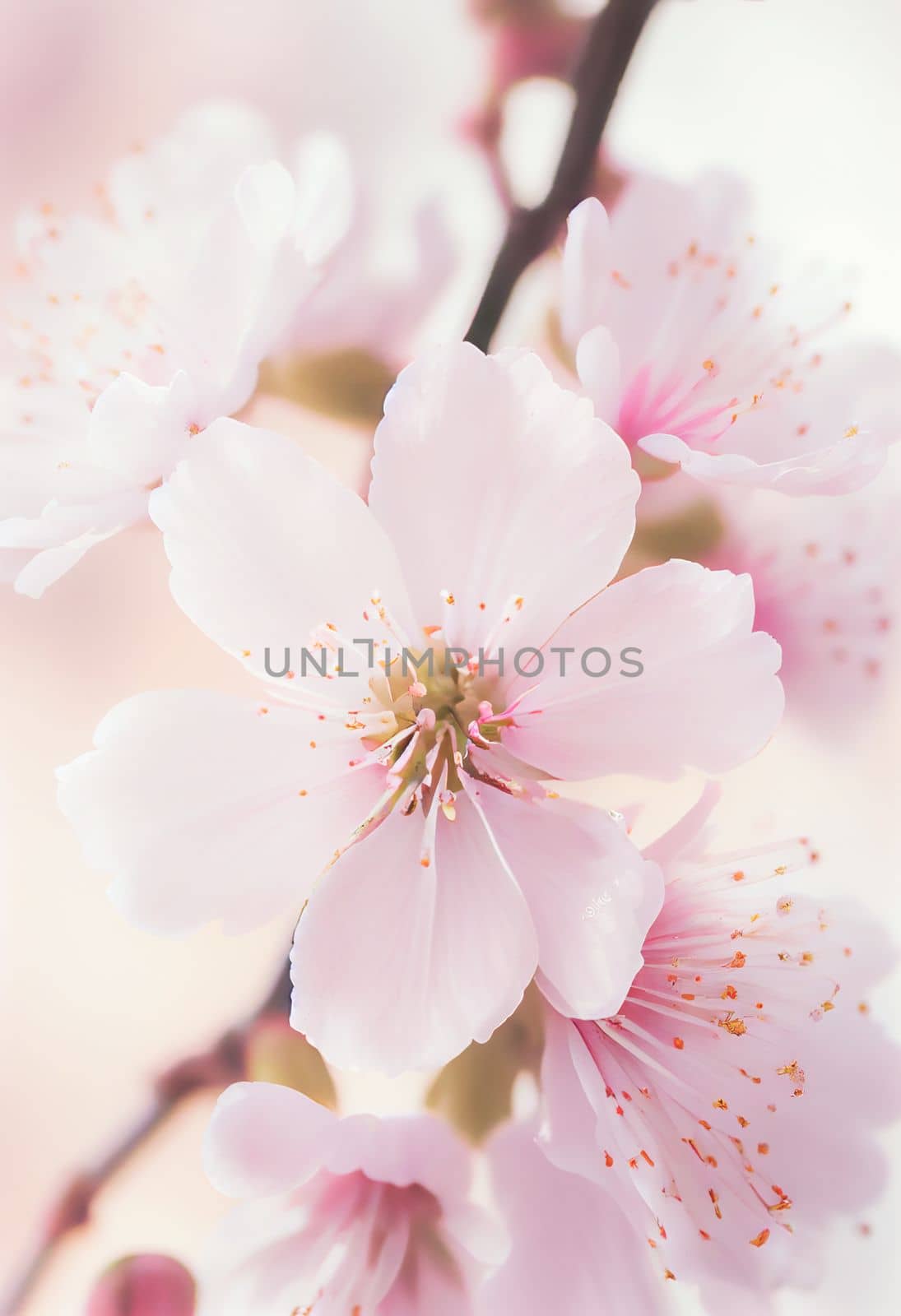 Spring cherry blossom stands out against pastel pink and white background. Shallow depth of field creates dreamy, blurry effect. Vibrant flowers against muted tones make for beautiful, romantic image.