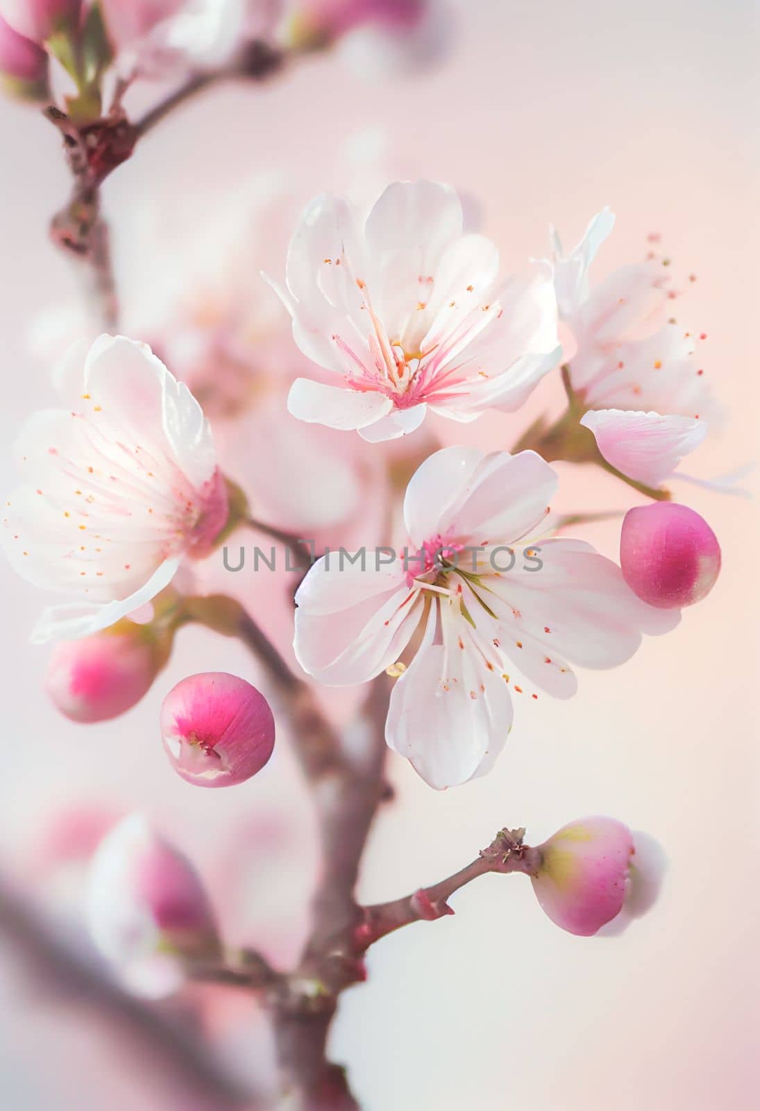 Spring cherry blossom stands out against pastel pink and white background. Shallow depth of field creates dreamy, blurry effect. Vibrant flowers against muted tones make for beautiful, romantic image.