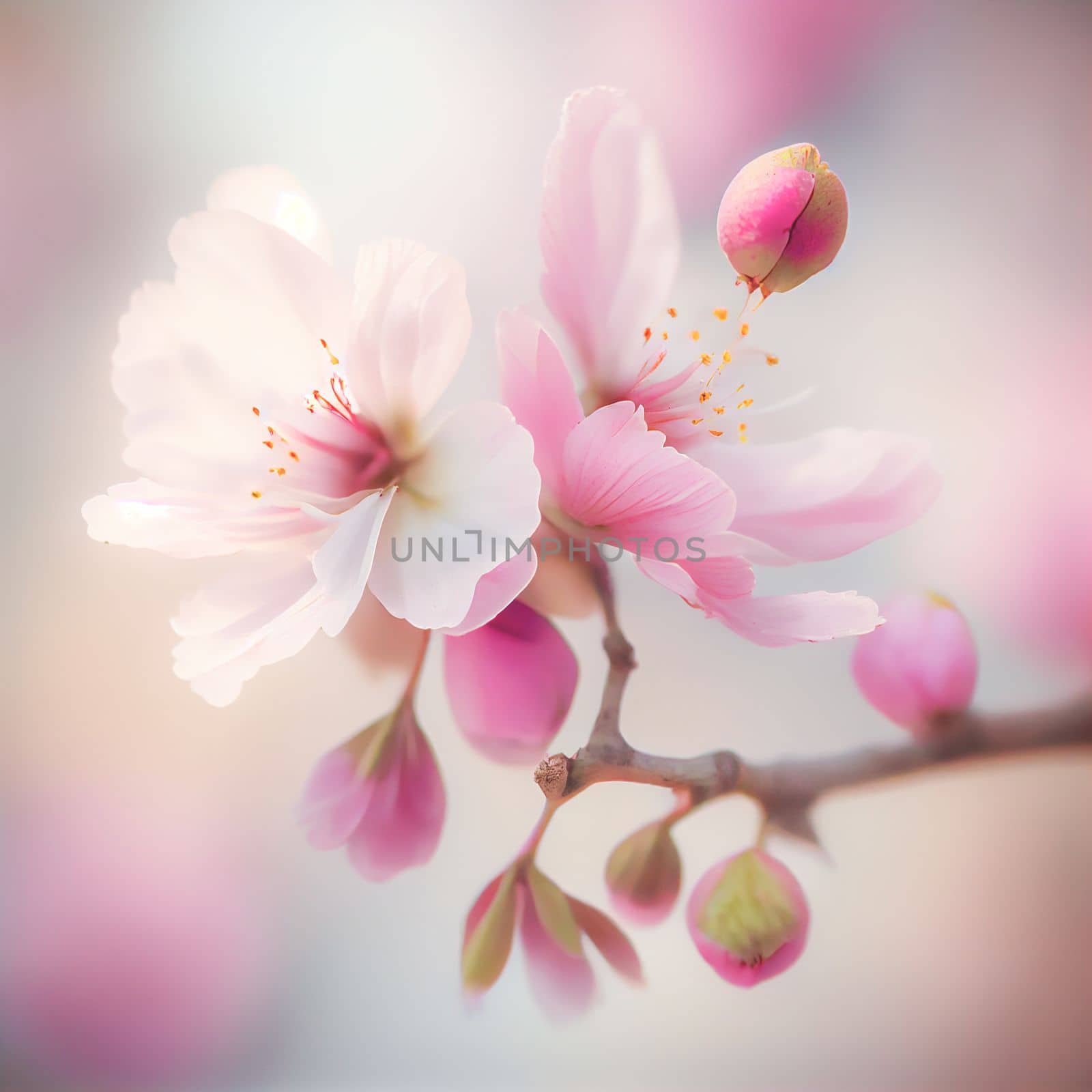 Spring cherry blossom stands out against pastel pink and white background. Shallow depth of field creates dreamy, blurry effect. Vibrant flowers against muted tones make for beautiful, romantic image.