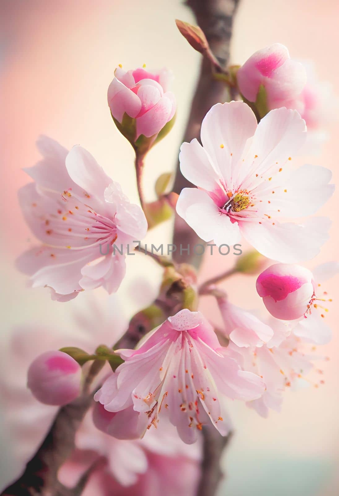 Spring cherry blossom stands out against pastel pink and white background. Shallow depth of field creates dreamy, blurry effect. Vibrant flowers against muted tones make for beautiful, romantic image.